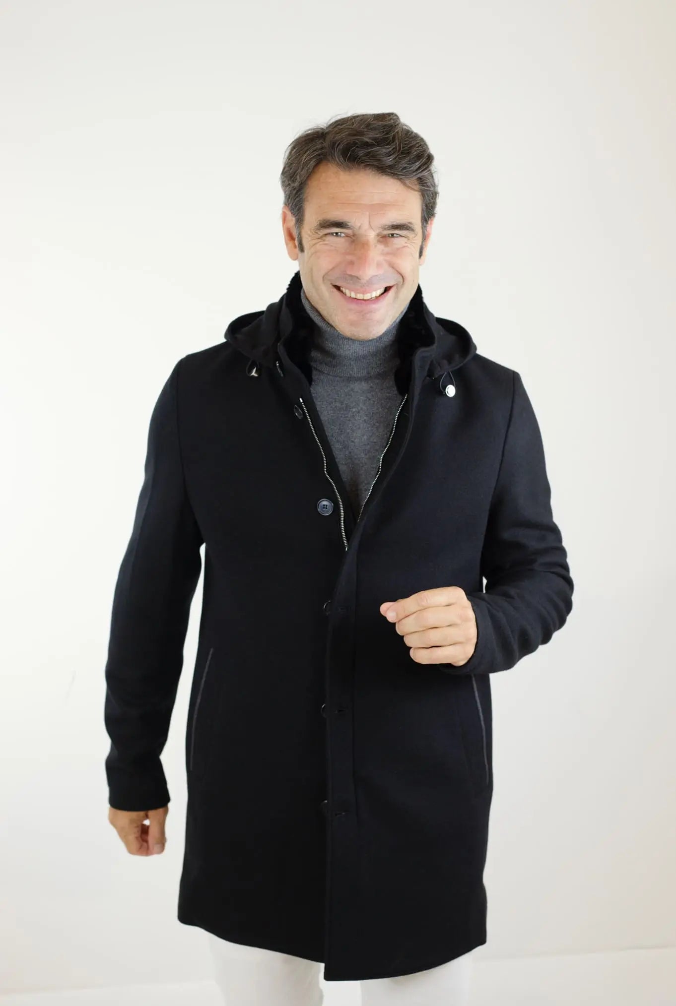 Cappotto in Jersey di Cashmere Cappuccio Removibile Nero - Guarino Store