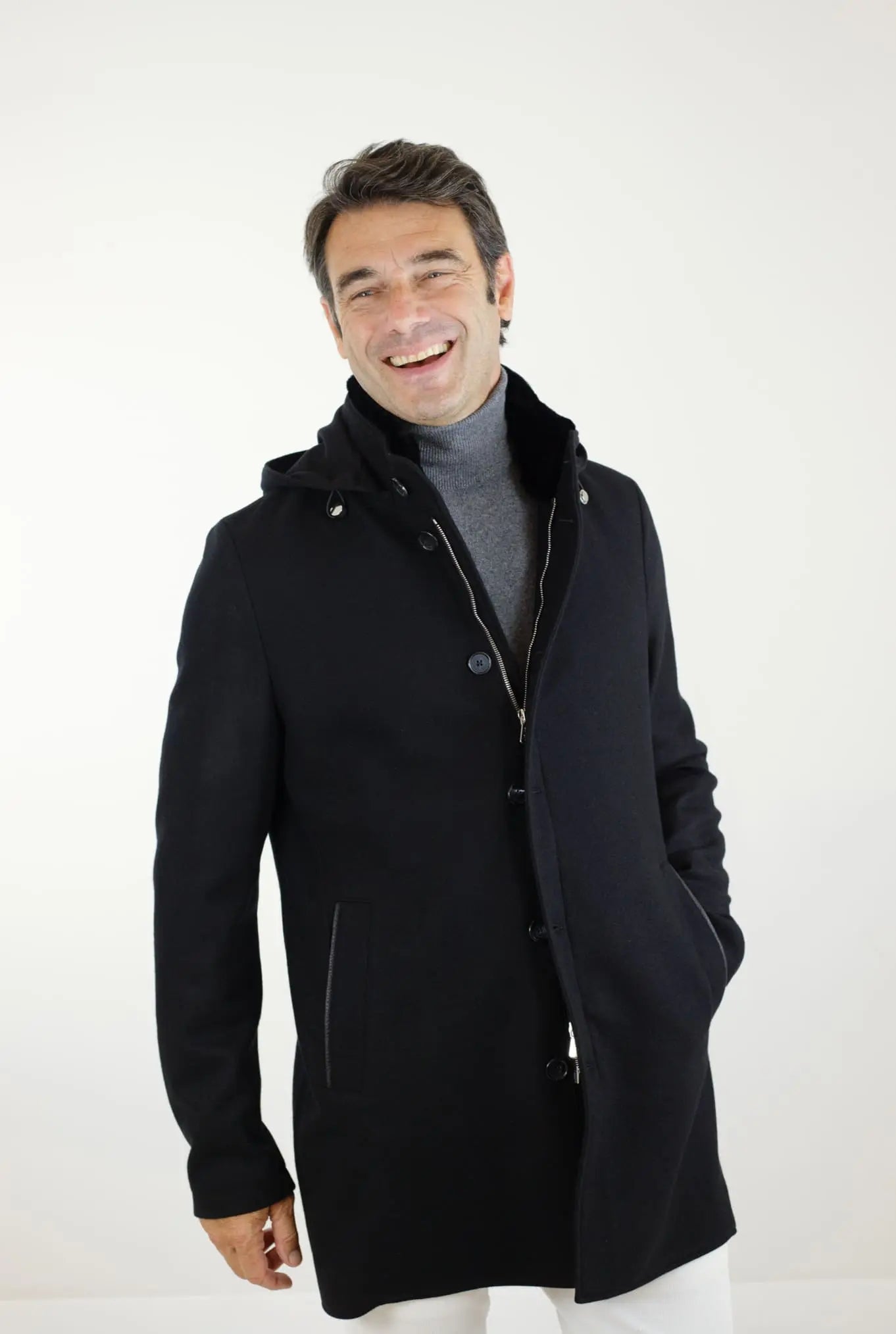 Cappotto in Jersey di Cashmere Cappuccio Removibile Nero - Guarino Store