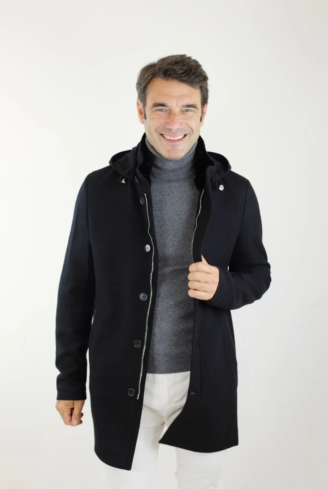 Cappotto in Jersey di Cashmere Cappuccio Removibile Nero - Guarino Store