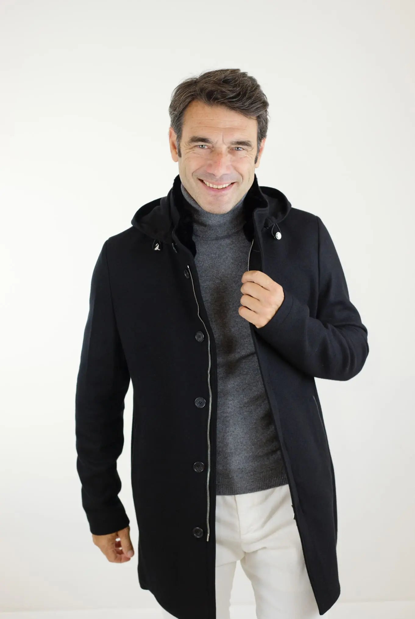 Cappotto in Jersey di Cashmere Cappuccio Removibile Nero - Guarino Store
