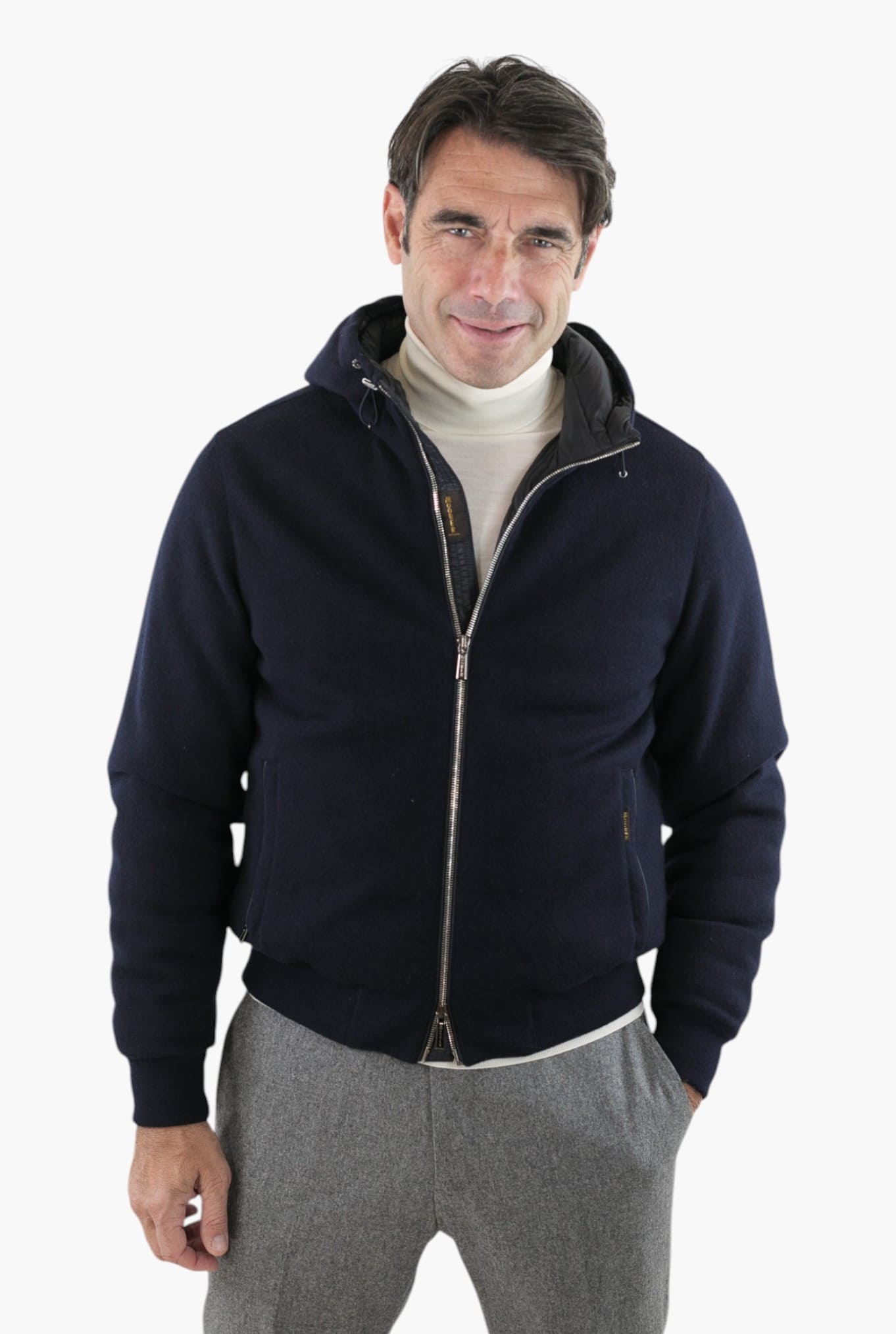 Bomber Trapuntato in Maglia e Piuma D'oca Blu Navy