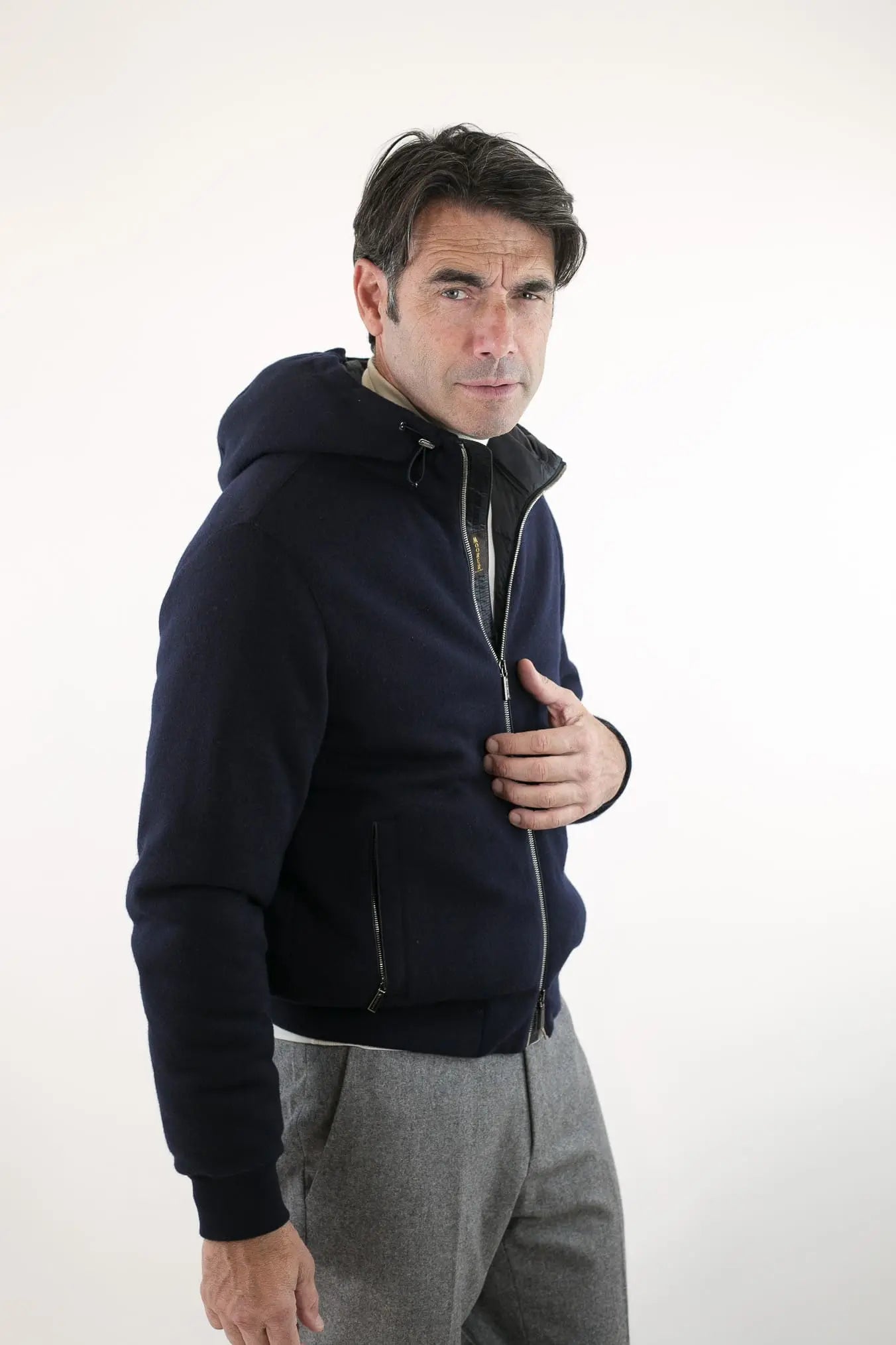 Bomber Trapuntato in Maglia e Piuma D'oca Blu Navy