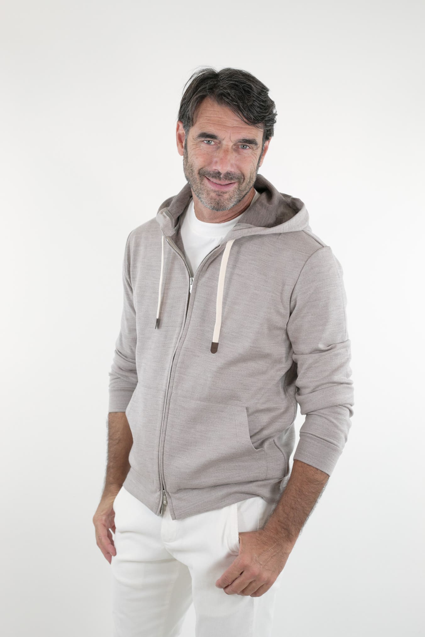 Felpa Cappuccio Jersey di Lana Beige Mélange - Guarino Store