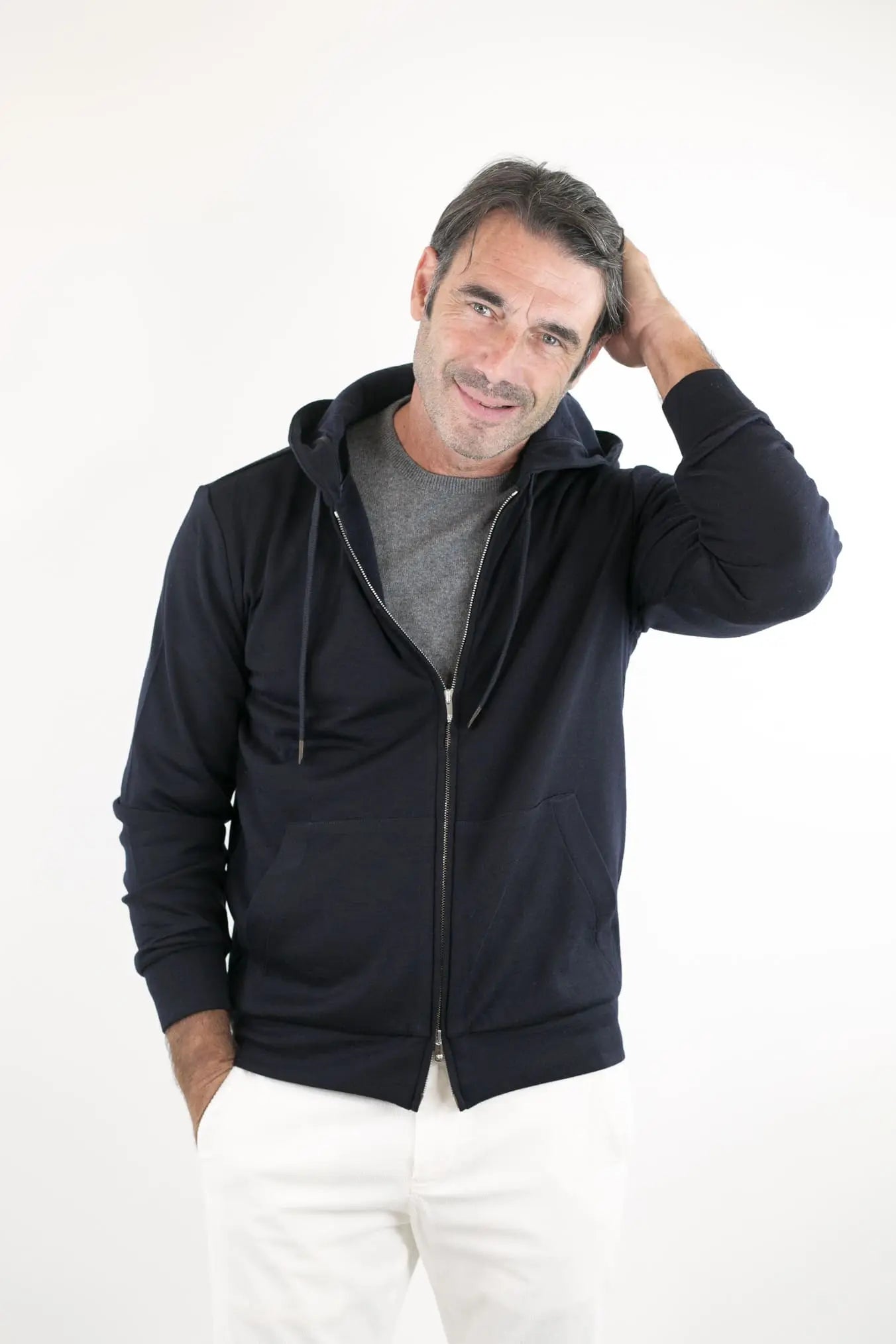 Felpa Cappuccio Jersey di Lana Blu - Guarino Store