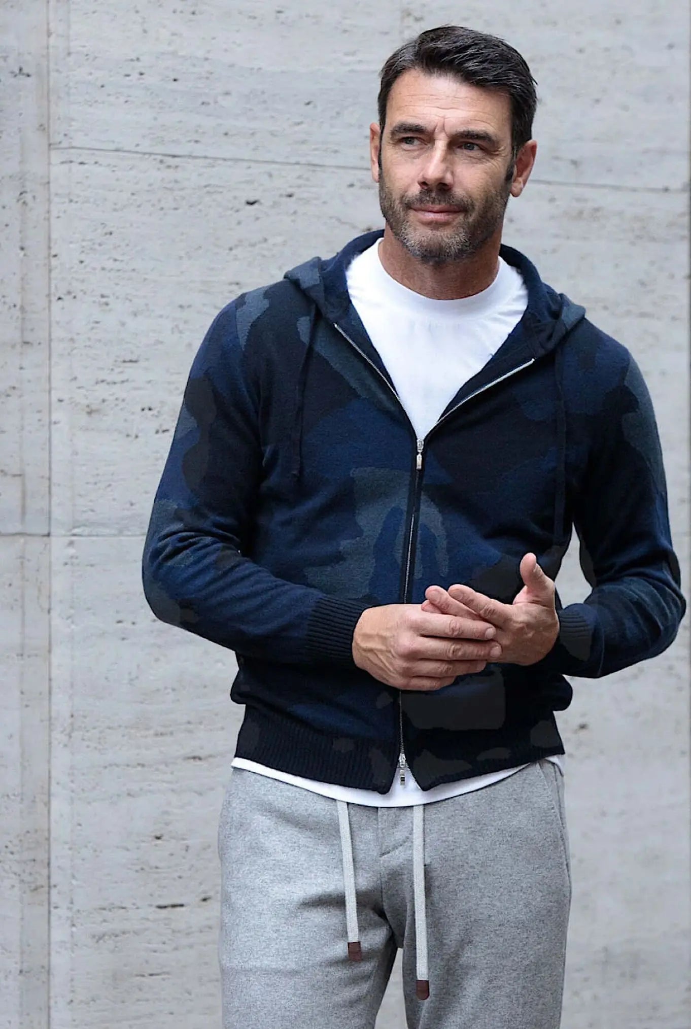 Felpa con Cappuccio Cashmere Intarsi a Mano Camouflage Blu - Guarino Store