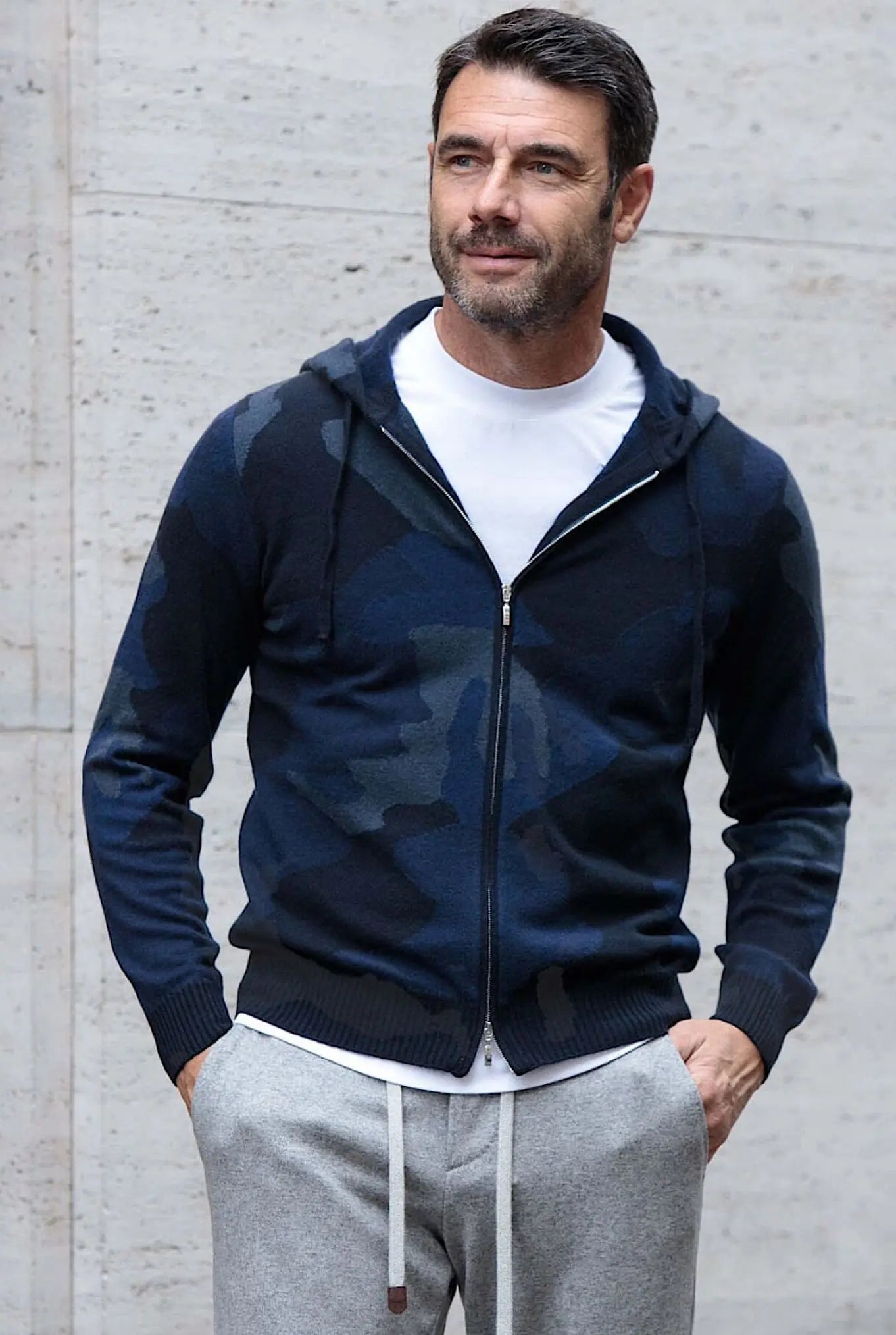 Felpa con Cappuccio Cashmere Intarsi a Mano Camouflage Blu - Guarino Store