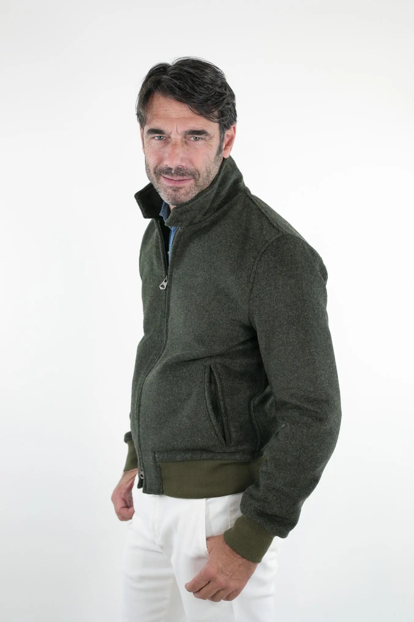 Giubbotto in Panno Verde Bottiglia con Zip - Guarino Store