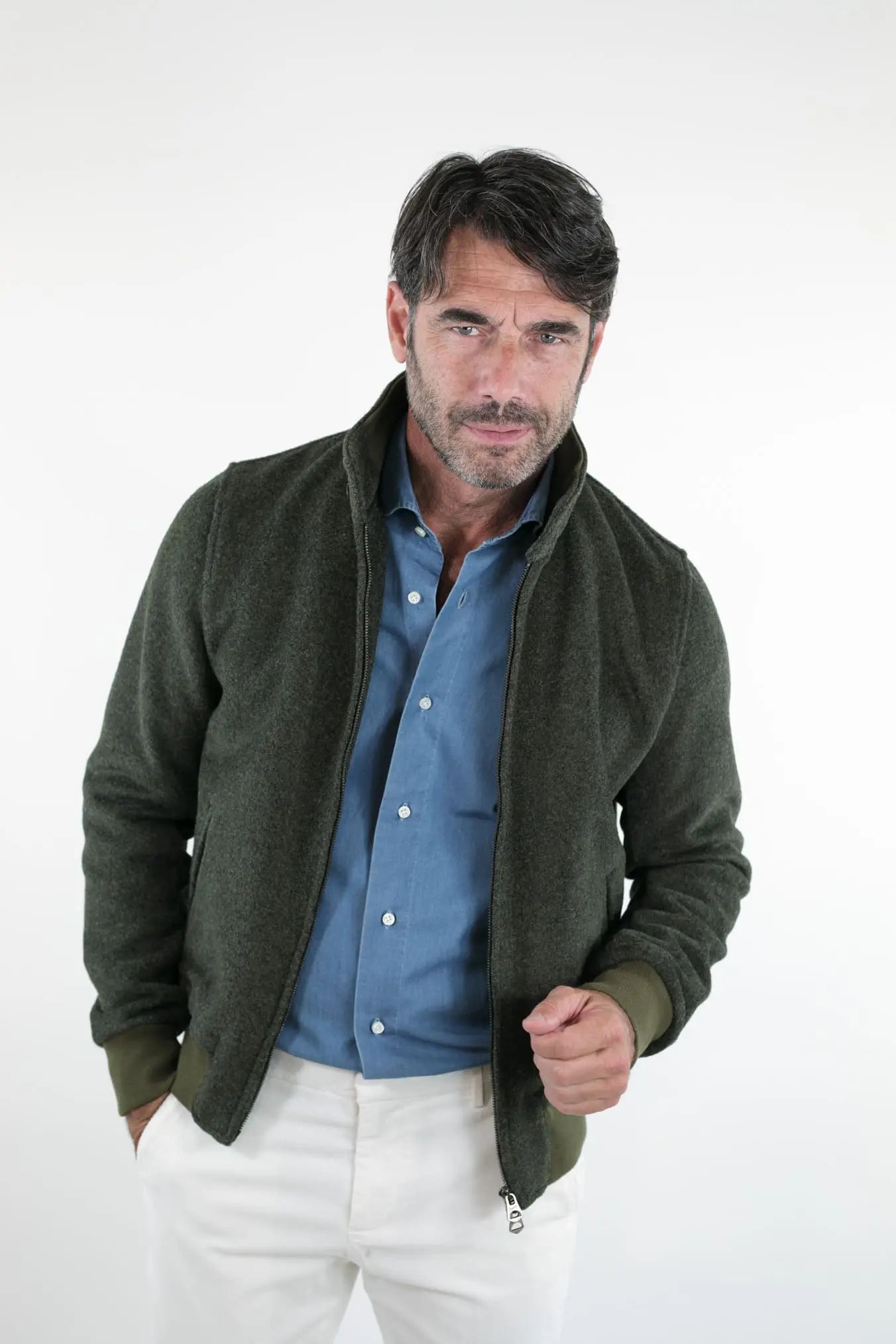 Giubbotto in Panno Verde Bottiglia con Zip - Guarino Store