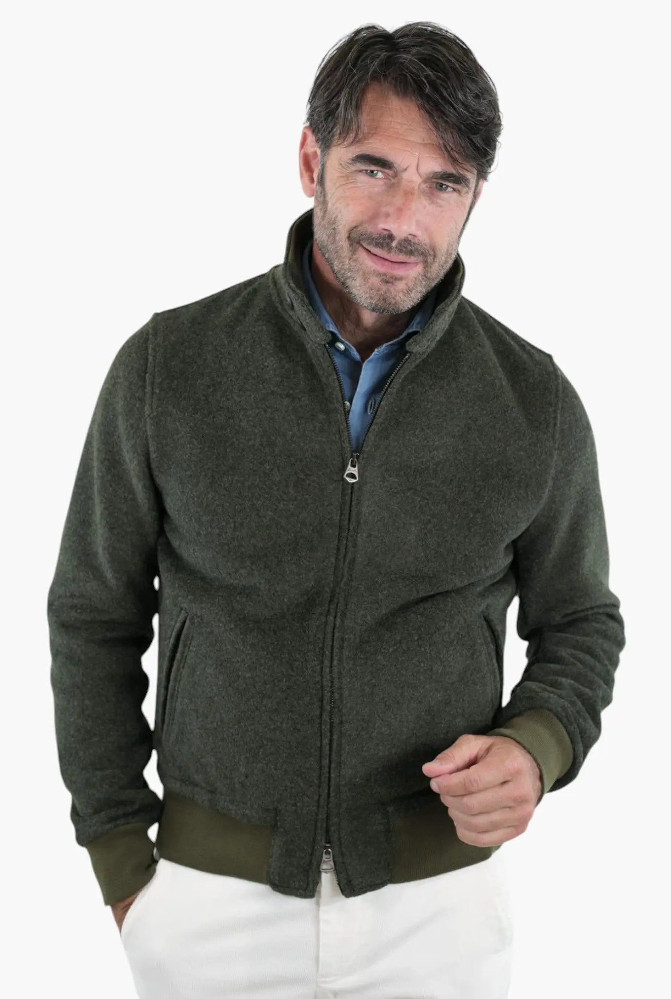 Giubbotto in Panno Verde Bottiglia con Zip - Guarino Store