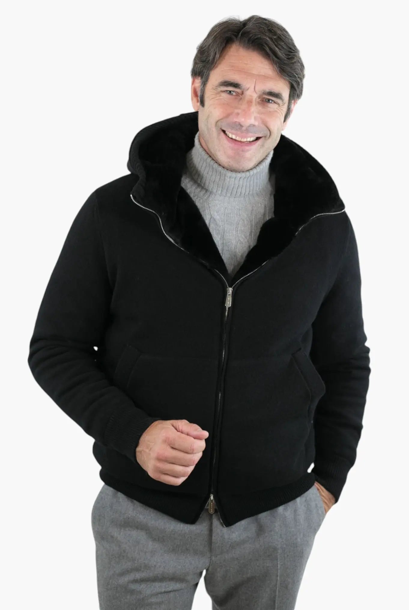 Giubbotto con Cappuccio in Cashmere e Castorino Nero - Guarino Store