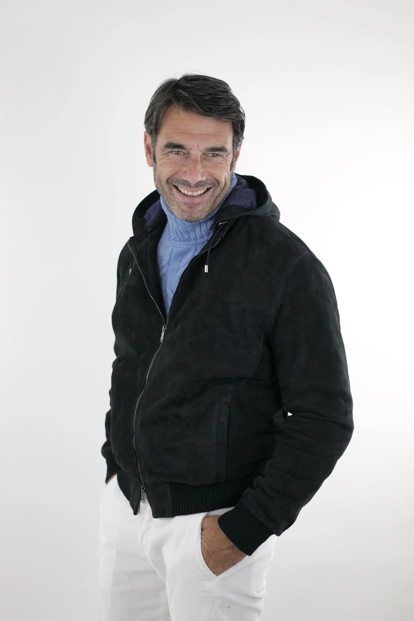 Giubbino Suede Blu con Cappuccio Tessuto Loro Piana - Guarino Store