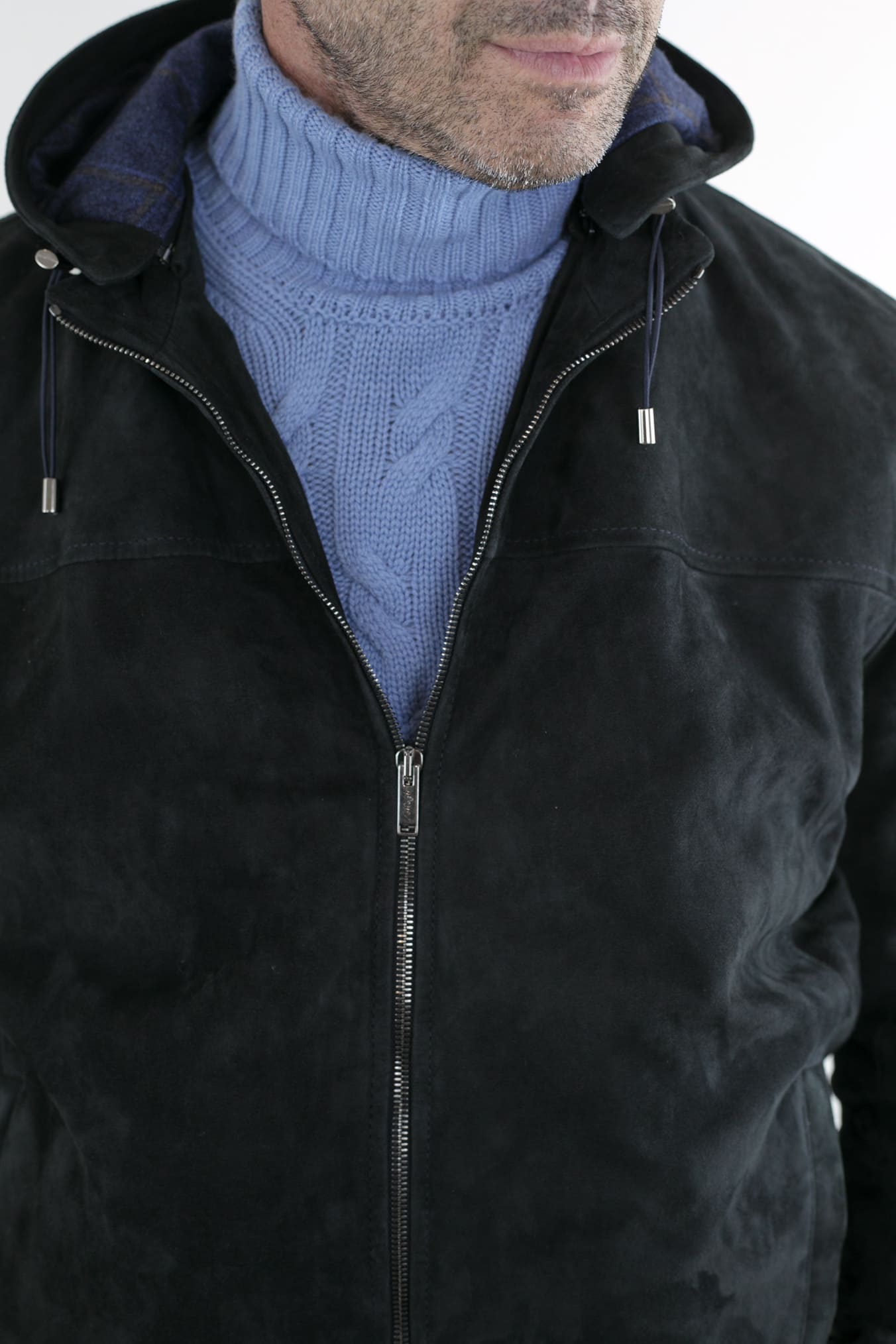 Giubbino Suede Blu con Cappuccio Tessuto Loro Piana - Guarino Store