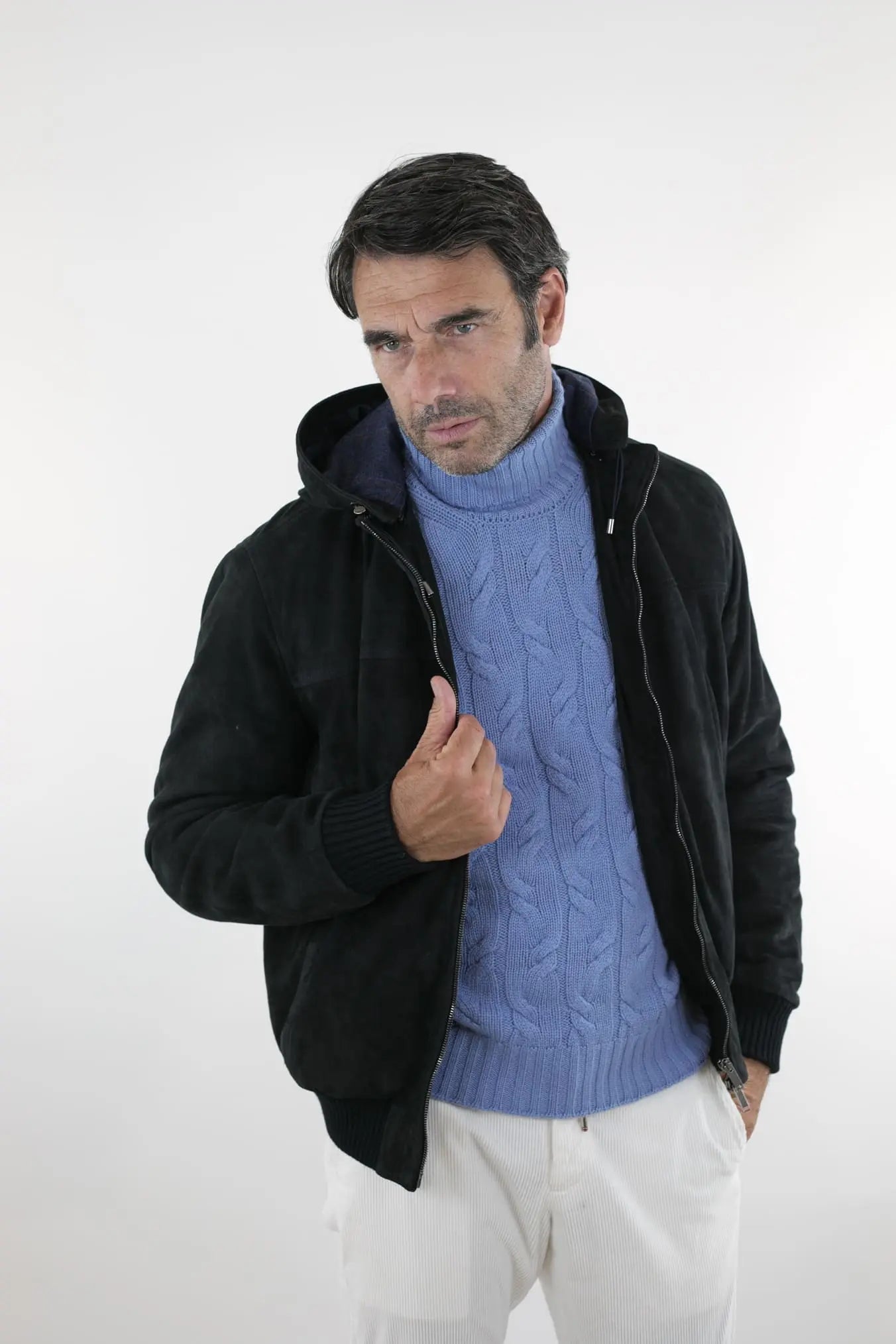 Giubbino Suede Blu con Cappuccio Tessuto Loro Piana - Guarino Store