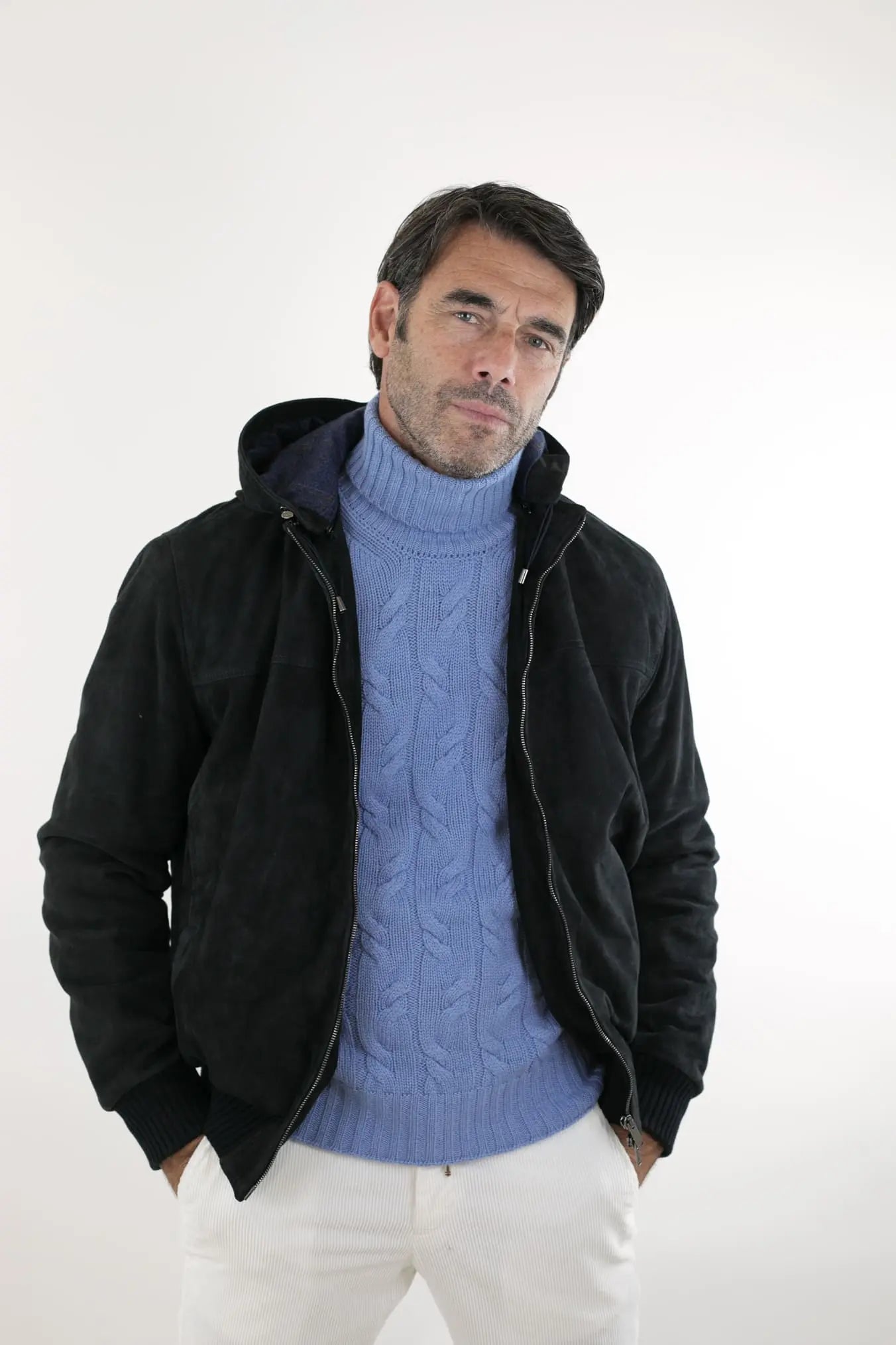 Giubbino Suede Blu con Cappuccio Tessuto Loro Piana - Guarino Store