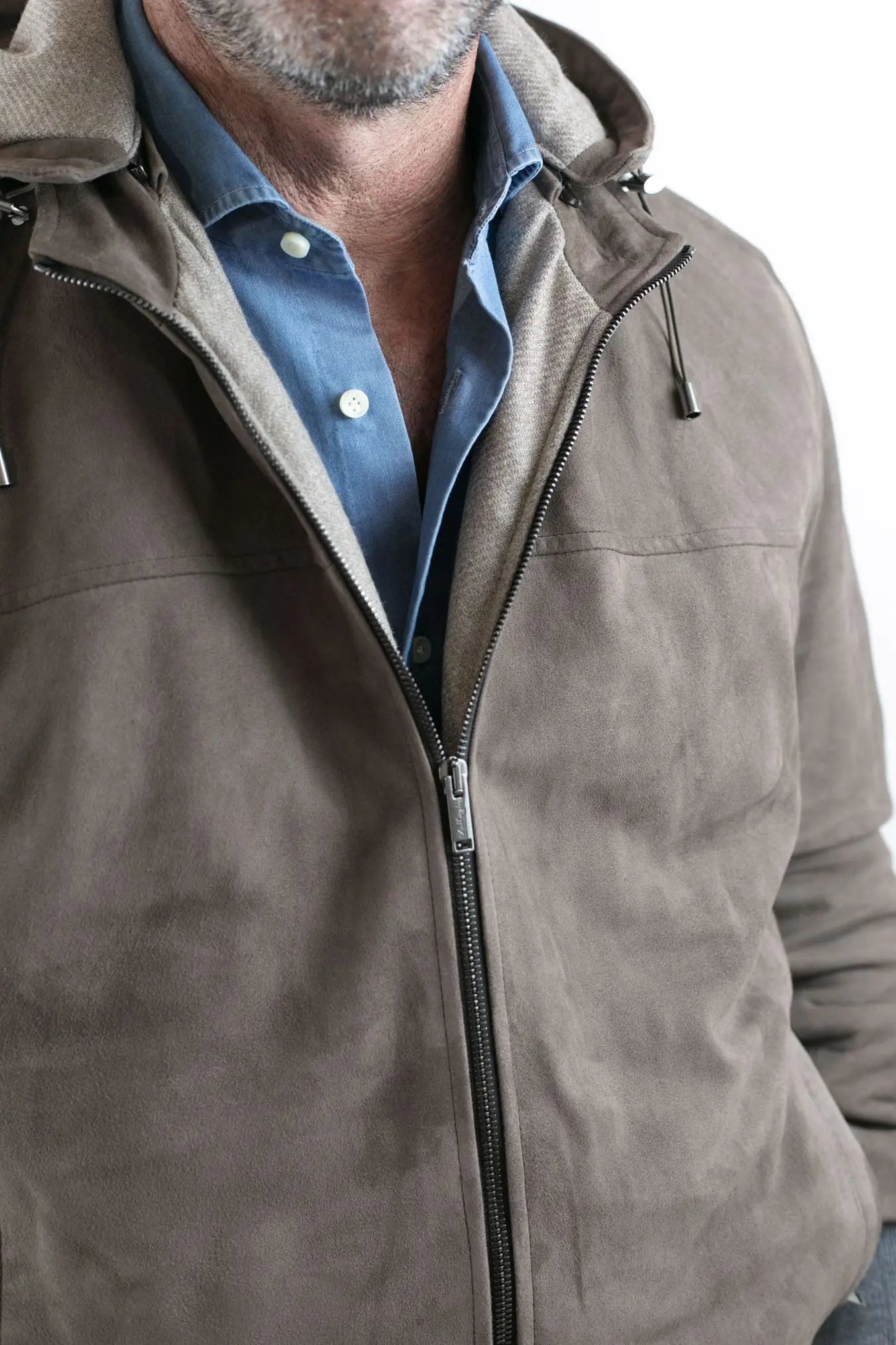 VOLFAGLI Giubbotto Suede col. Taupe Cappuccio Removibile Fodera Loro Piana
