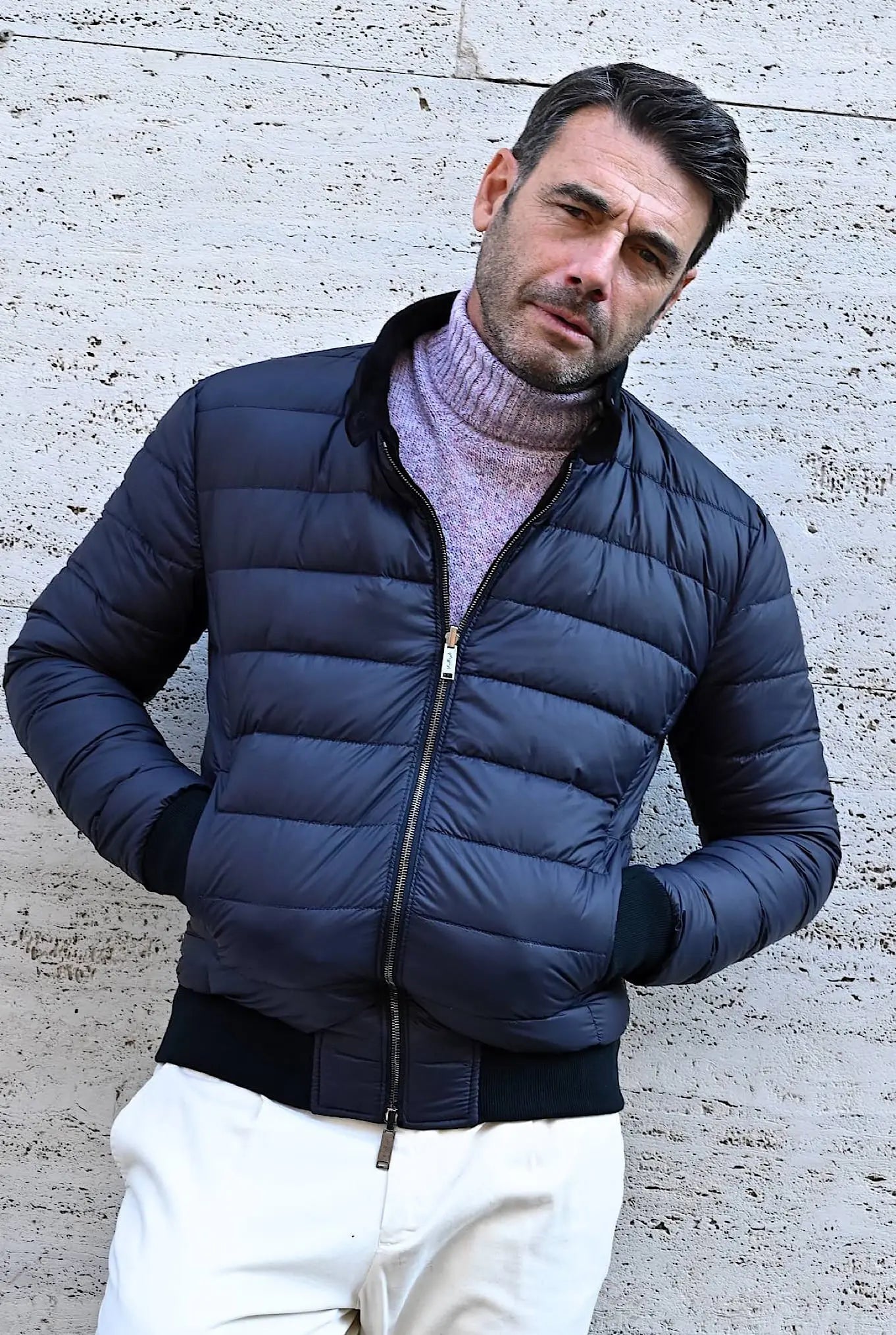 Giubbino Reversibile in Suede e Piuma D'Oca Blu - Guarino Store