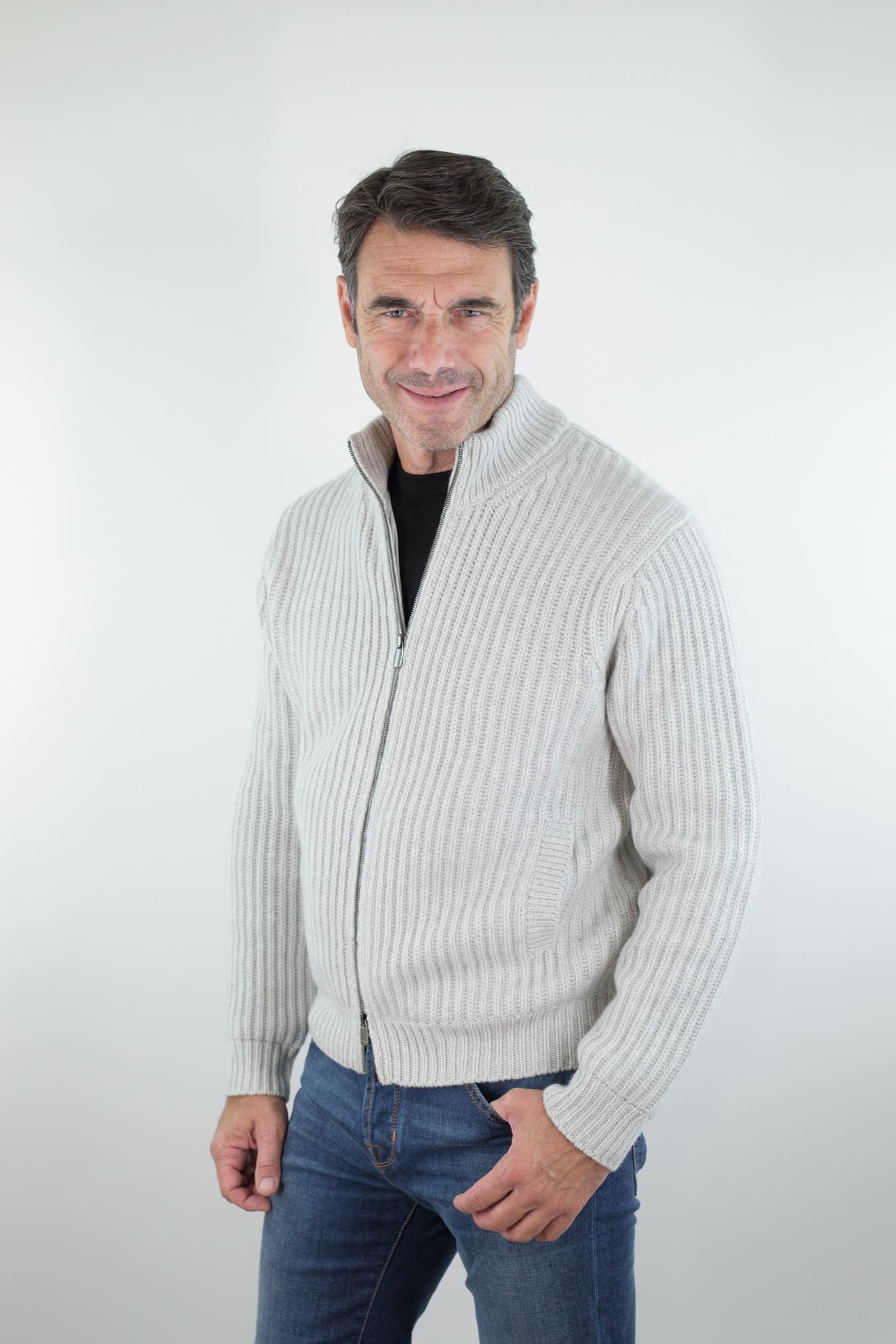 BRAMANI Cardigan Full Zip Cashmere Windstopper Grigio Perla