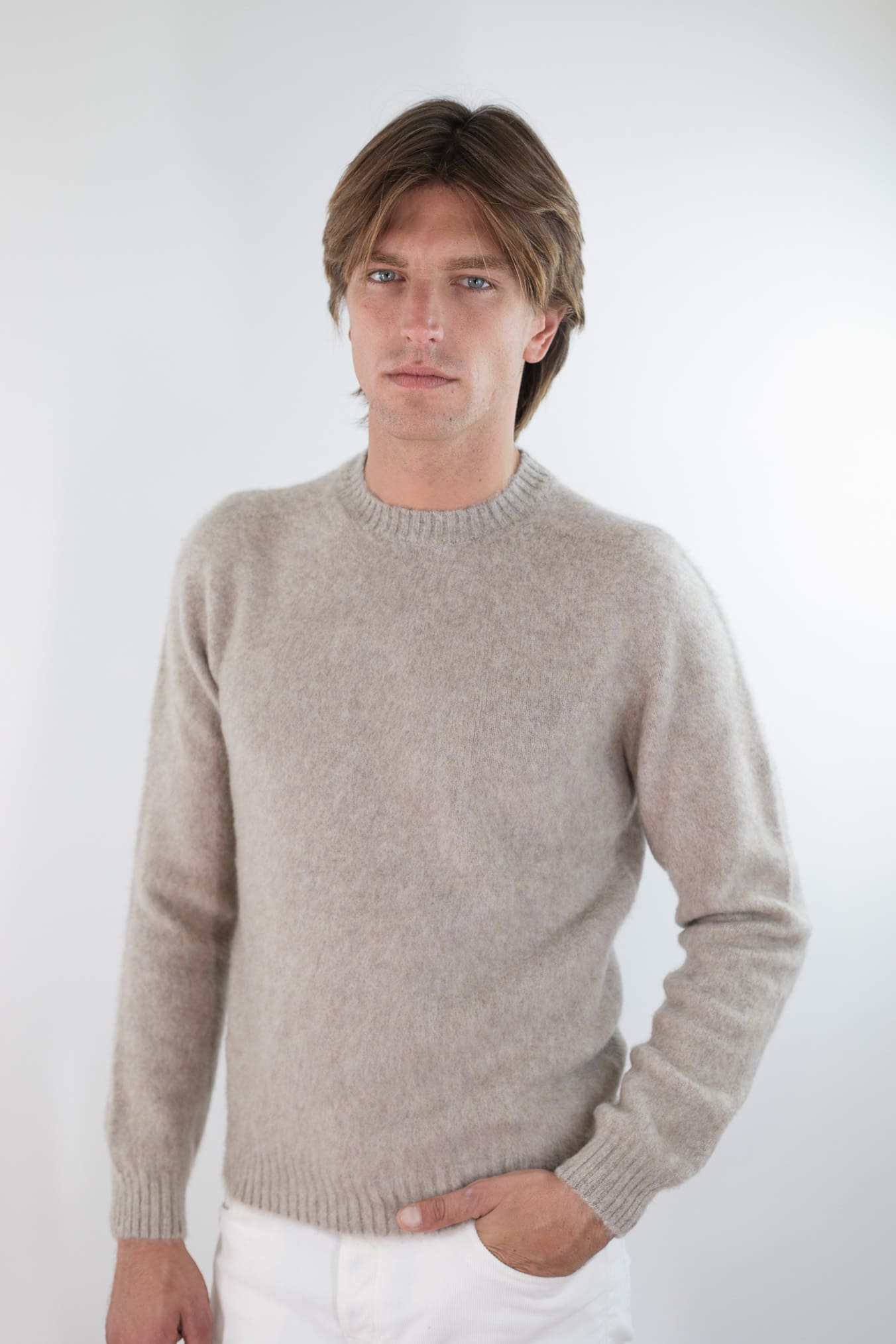 FINAMORE Girocollo "Jesolo" Cashmere Corsehair Loro Piana Beige