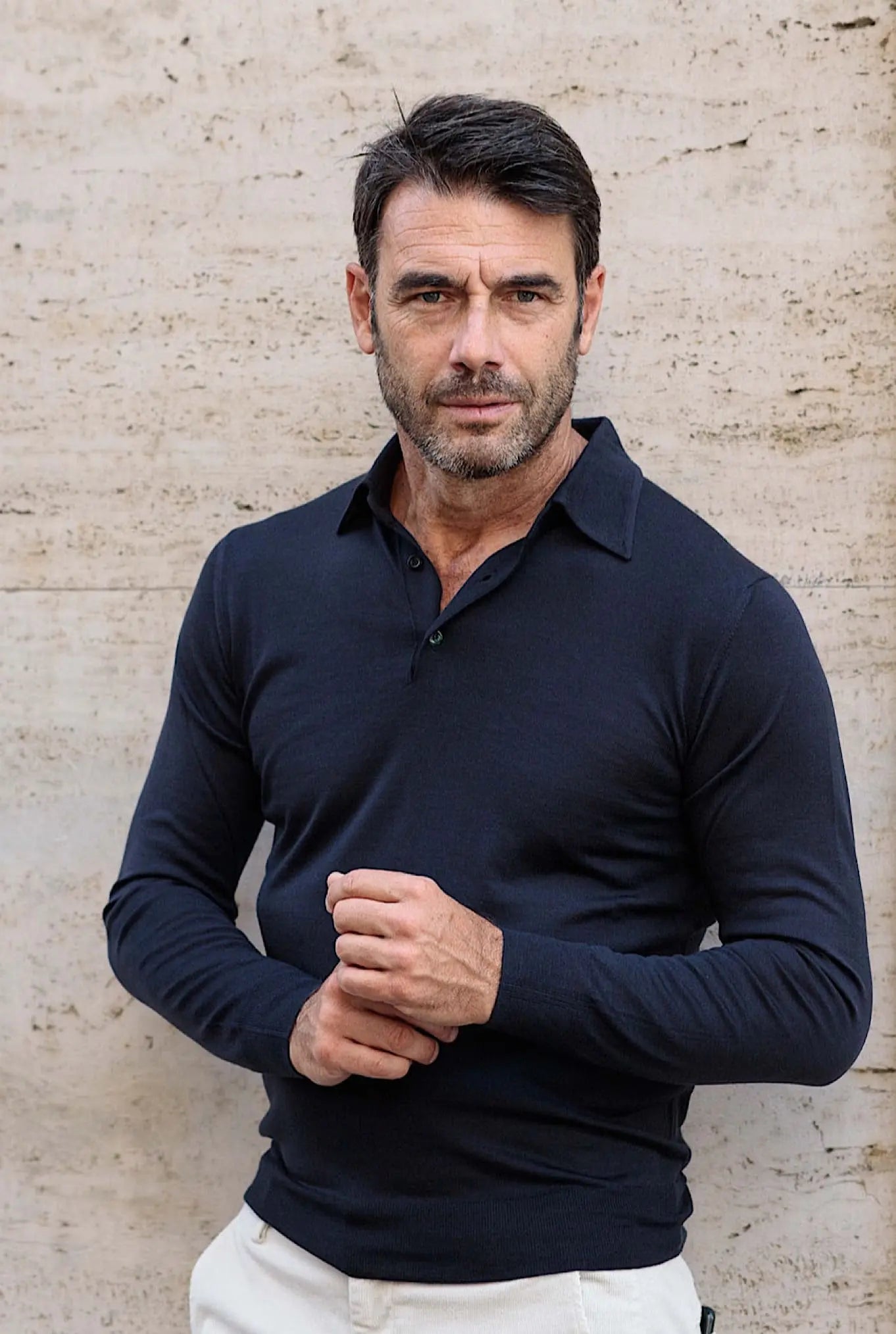 GUARINO Polo Cashmere e Seta Manica Lunga Blu Navy