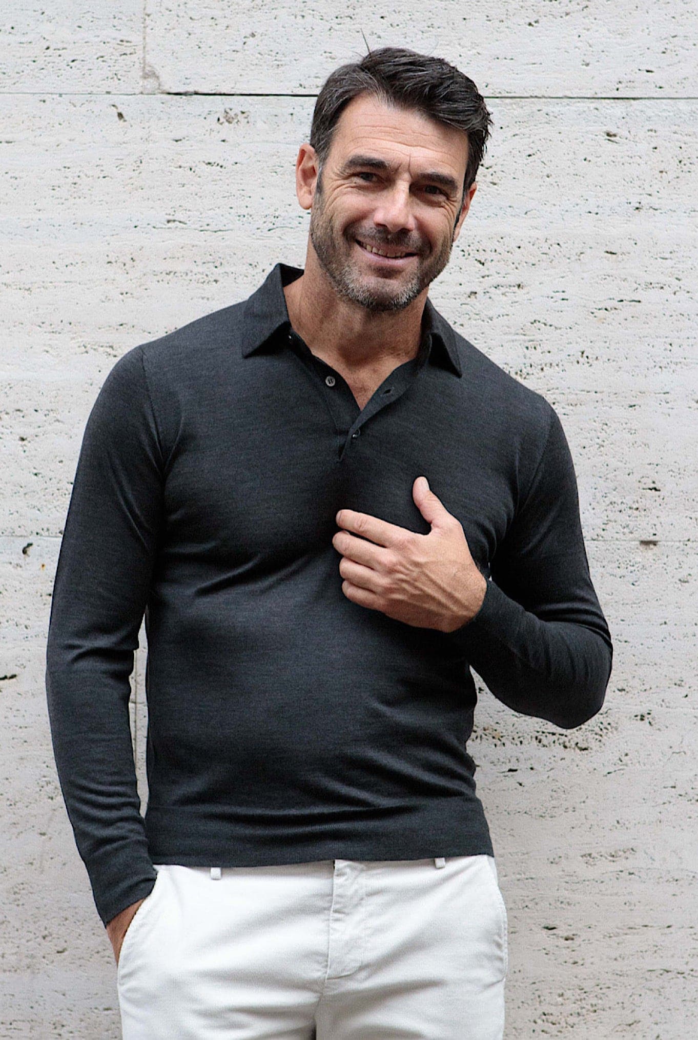 Polo Cashmere e Seta Manica Lunga Grigio Scuro - Guarino Store