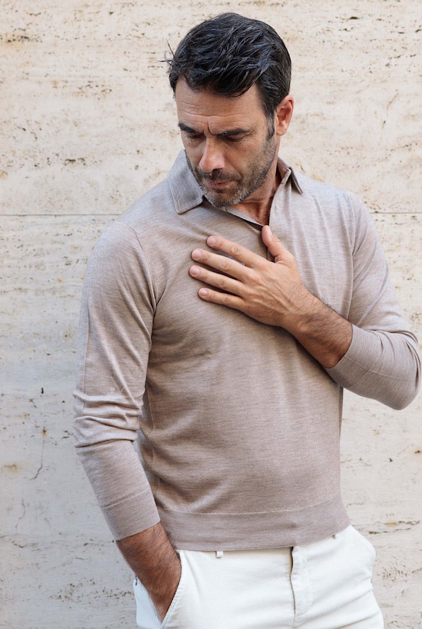 GUARINO Polo Cashmere e Seta Manica Lunga Beige