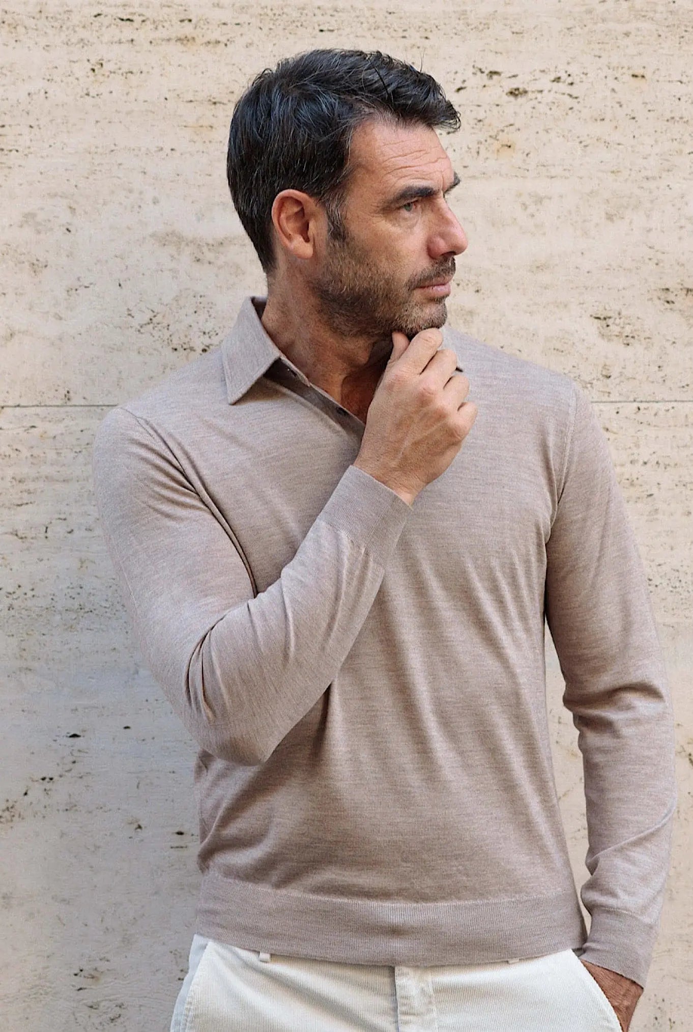 GUARINO Polo Cashmere e Seta Manica Lunga Beige
