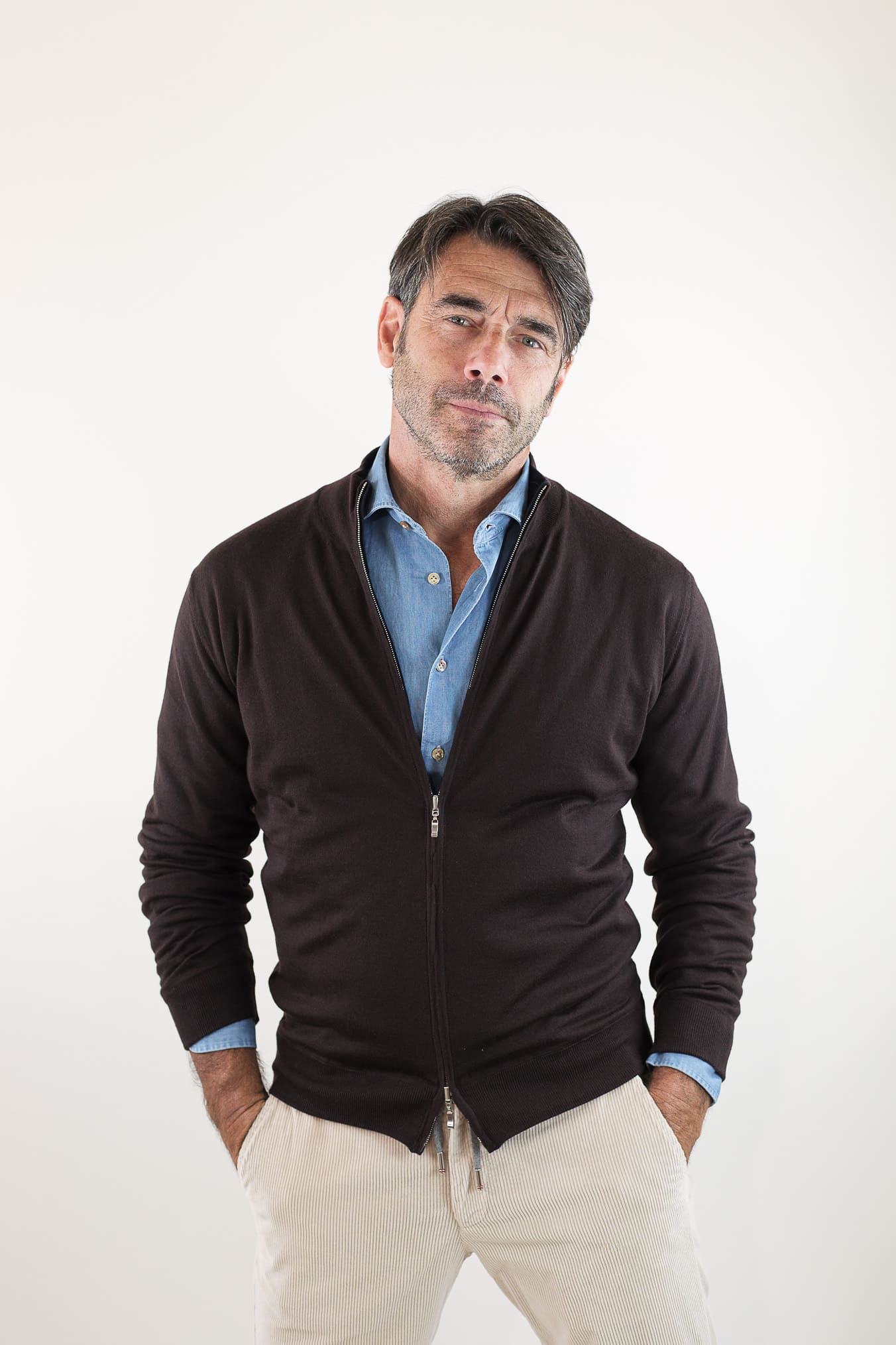 GUARINO Maglia Reversibile Full Zip Cashmere/Seta Blu/Testa di Moro