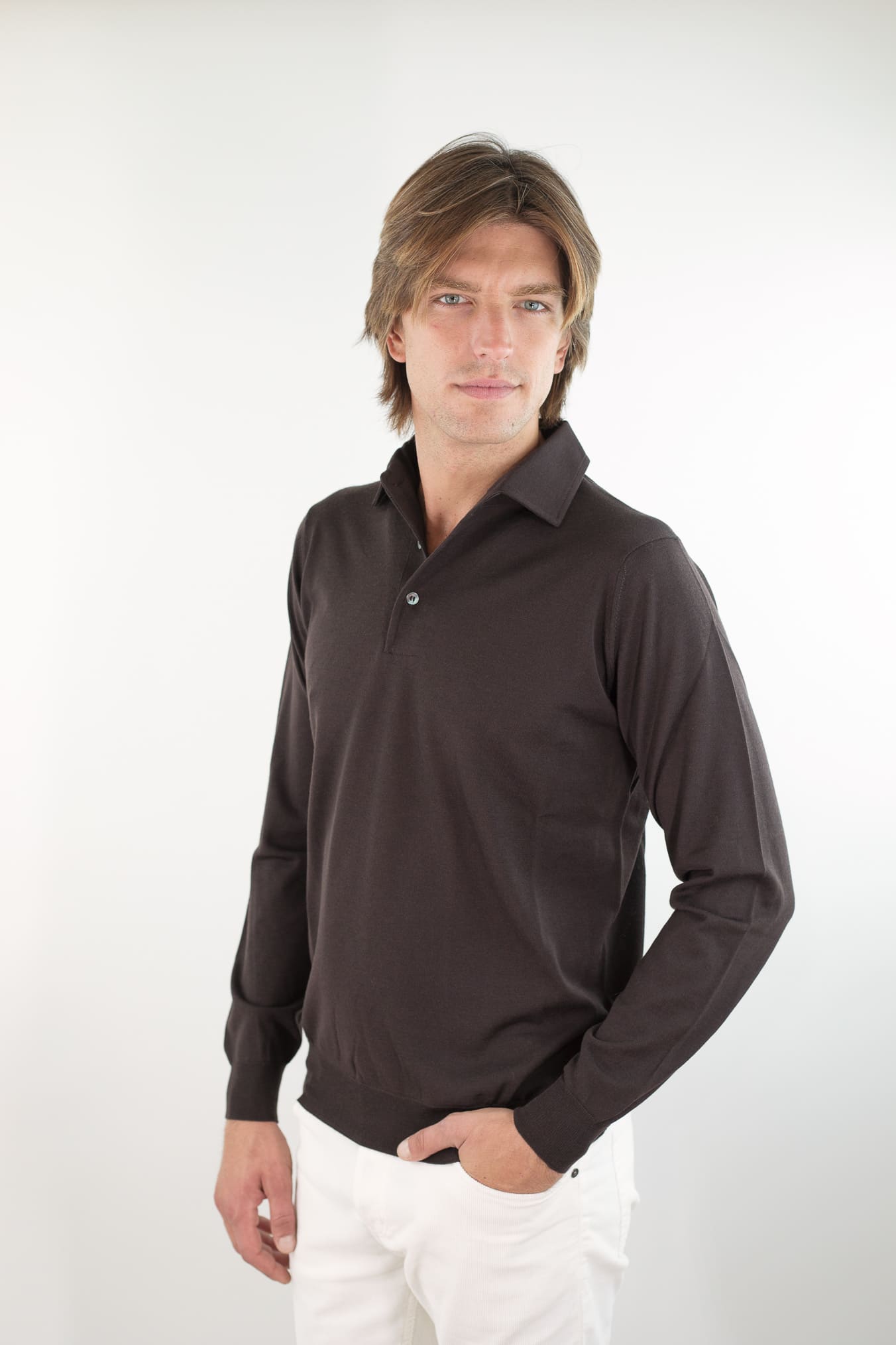 GUARINO Polo Collo Camicia Merinos 120's Caffè