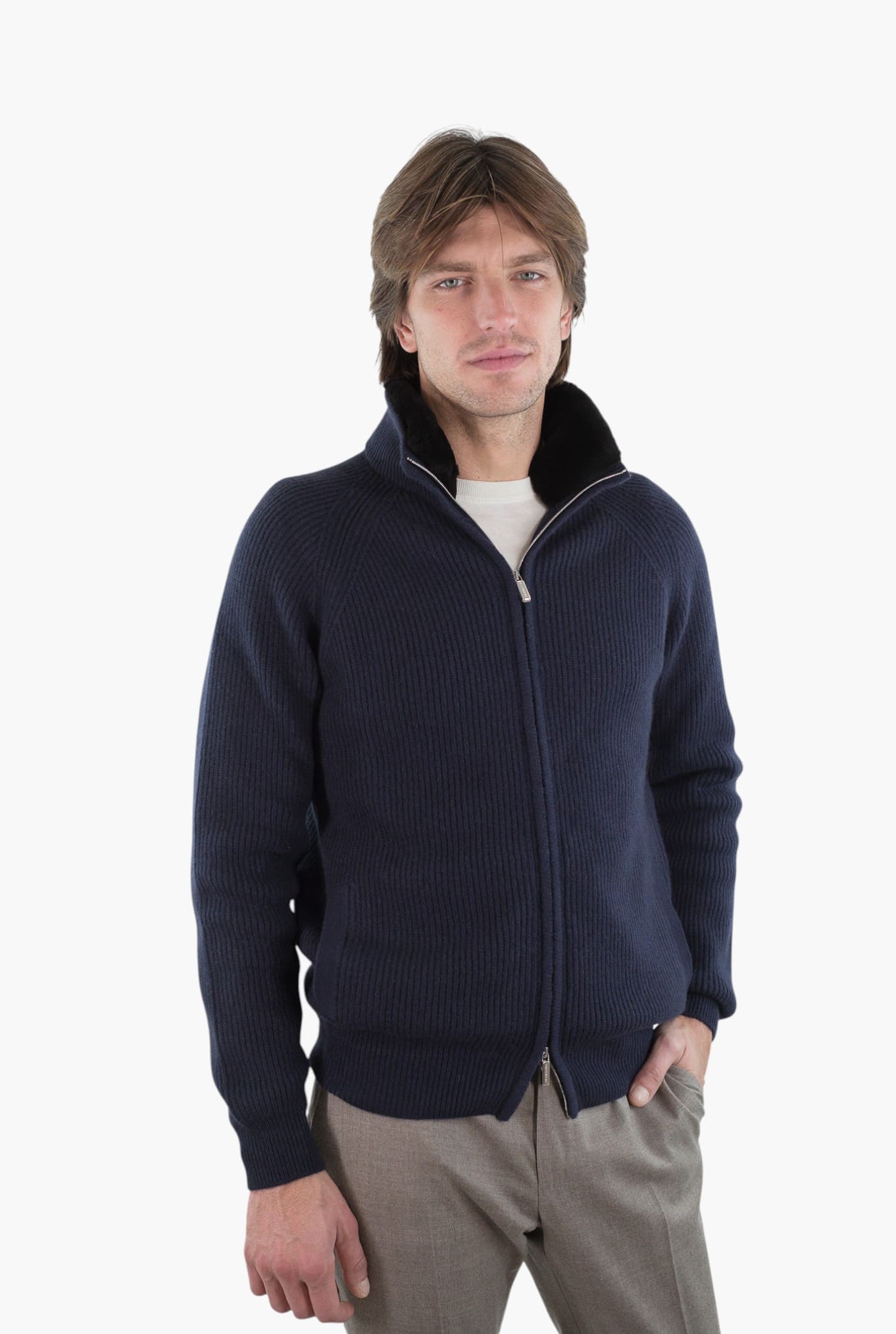 PASHMERE Maglia Full Zip Cashmere Castorino Blu Navy