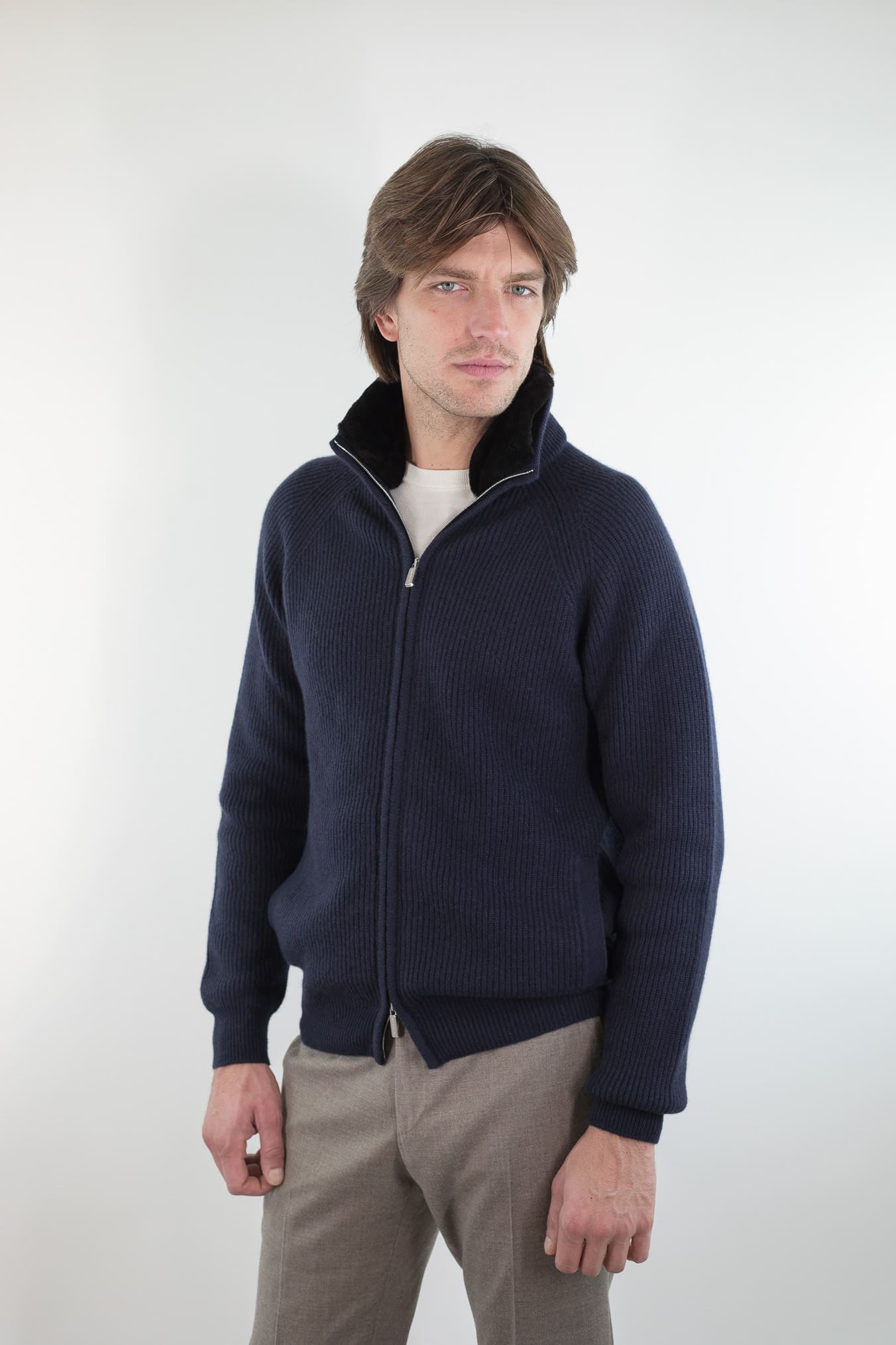 PASHMERE Maglia Full Zip Cashmere Castorino Blu Navy