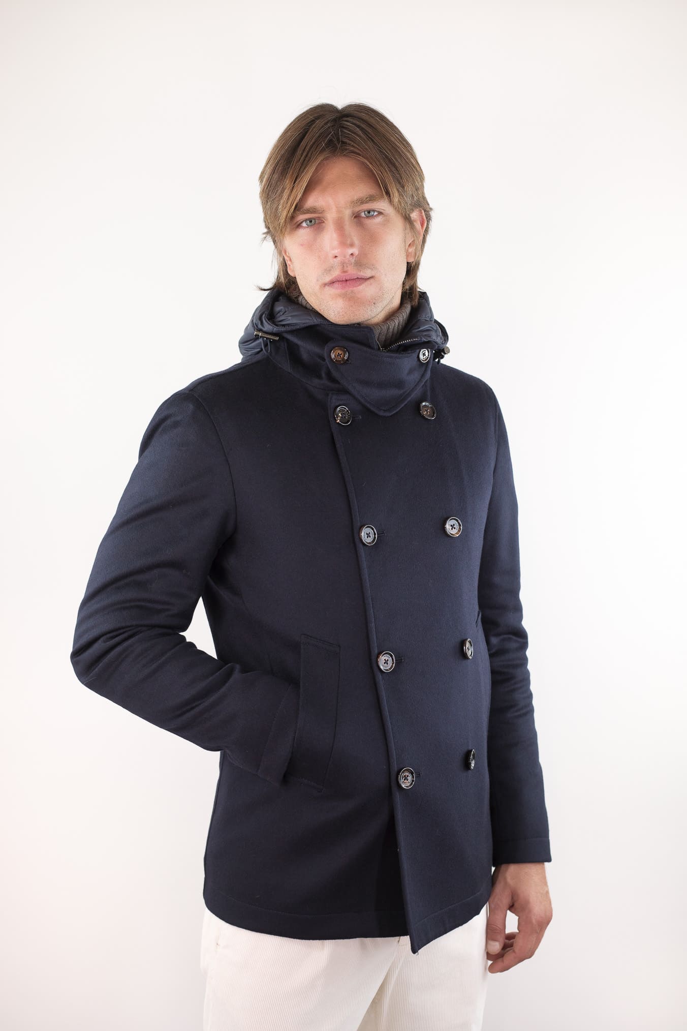 KIRED Giaccone Cashmere Doppiopetto "Jannu" Blu Cappuccio