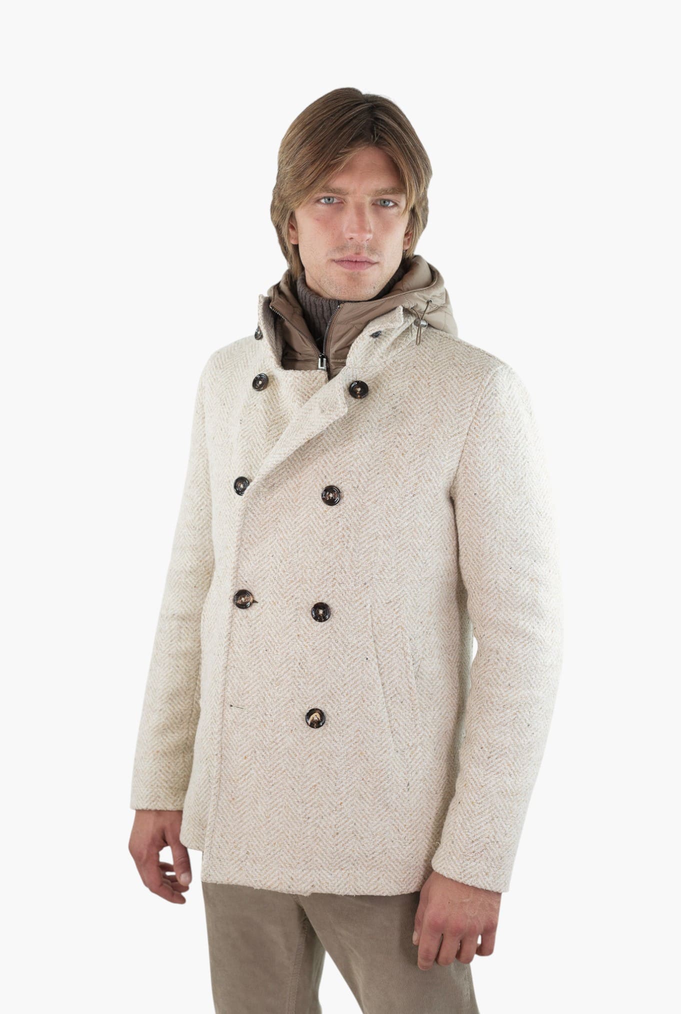 KIRED Giaccone Chevron Doppiopetto "Jannu" Beige Cappuccio