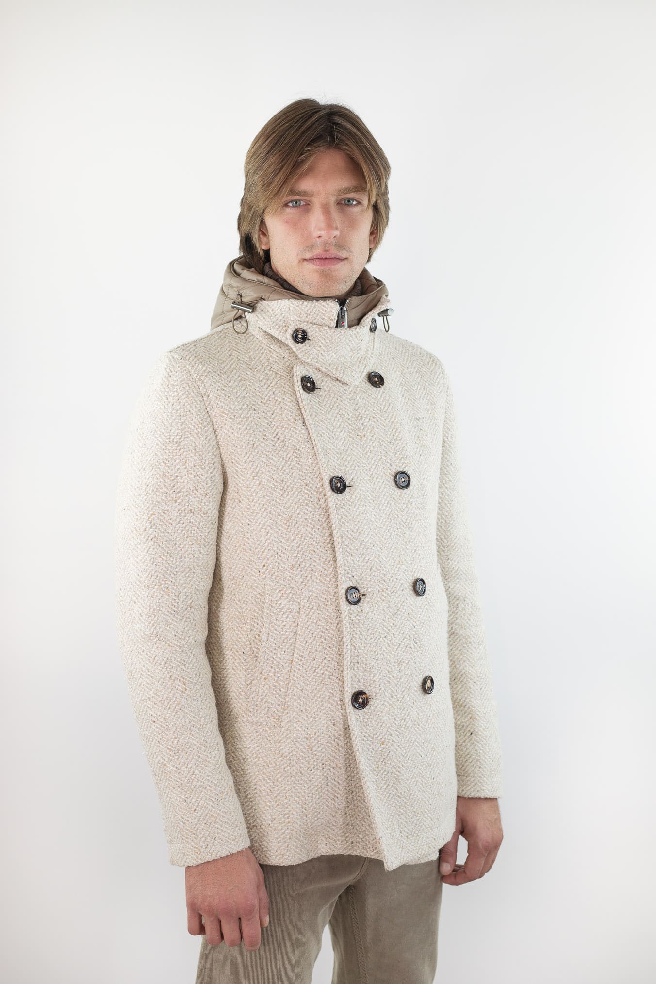 KIRED Giaccone Chevron Doppiopetto "Jannu" Beige Cappuccio