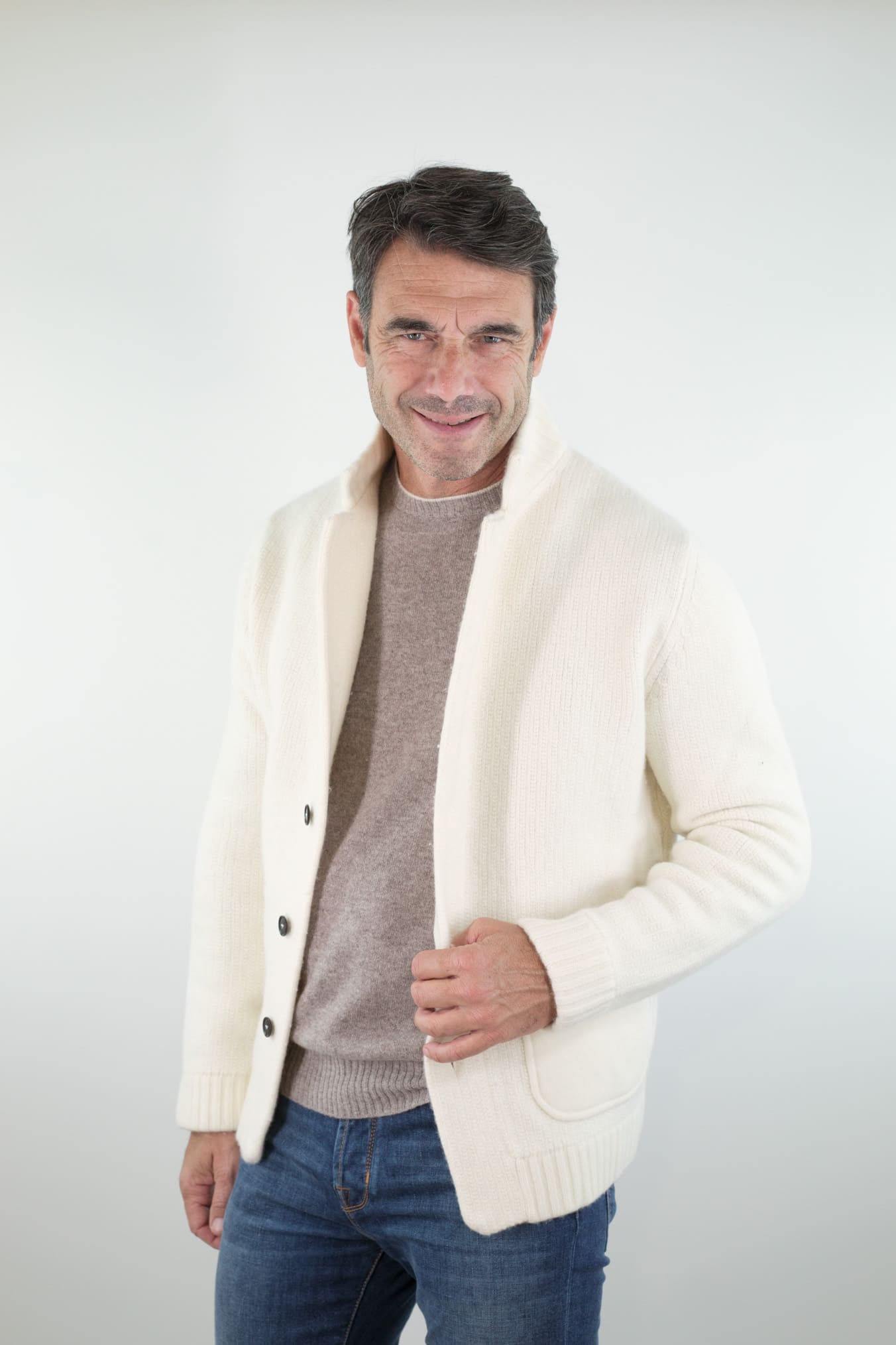 LUCIANO BARBERA Cardigan Lana Cashmere Bianco Panna