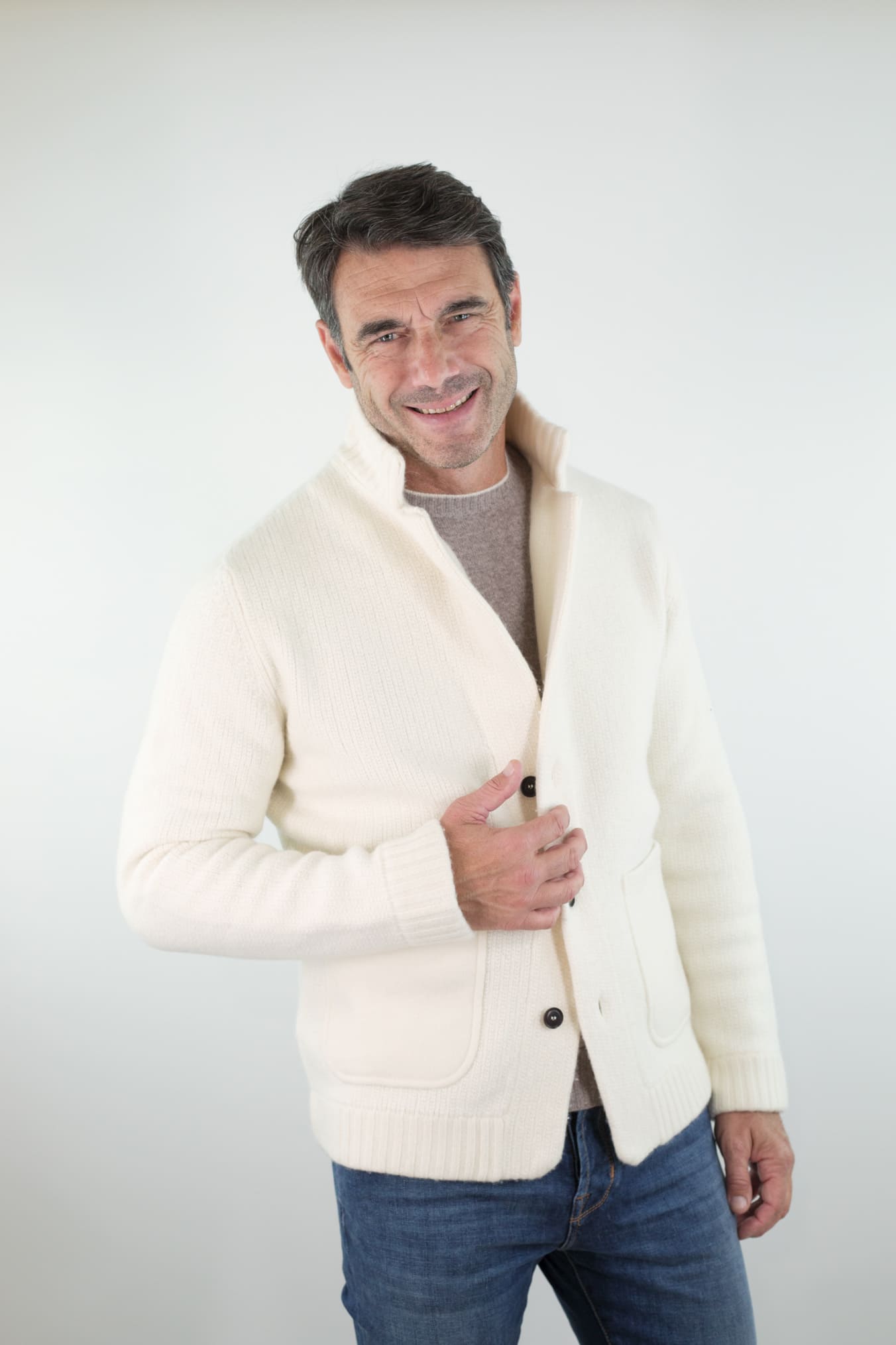 LUCIANO BARBERA Cardigan Lana Cashmere Bianco Panna