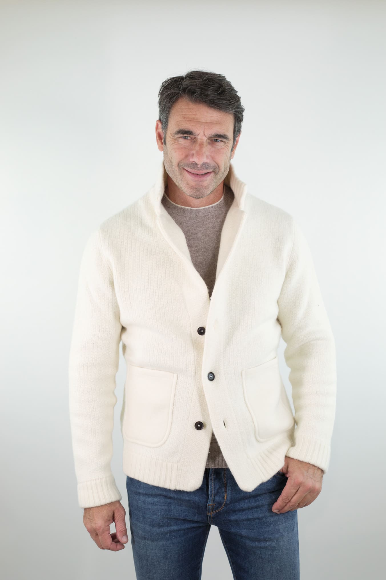 LUCIANO BARBERA Cardigan Lana Cashmere Bianco Panna