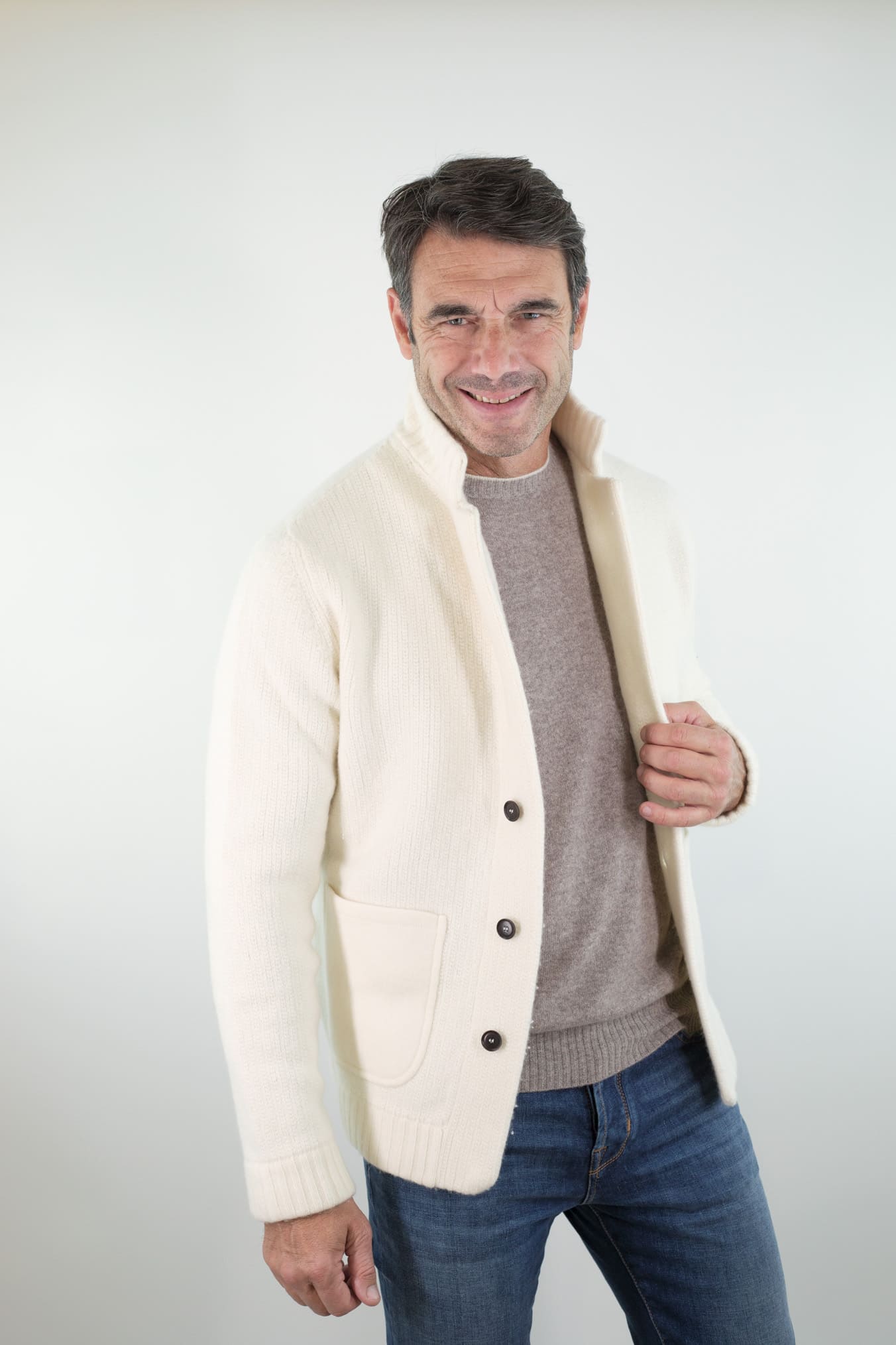 LUCIANO BARBERA Cardigan Lana Cashmere Bianco Panna