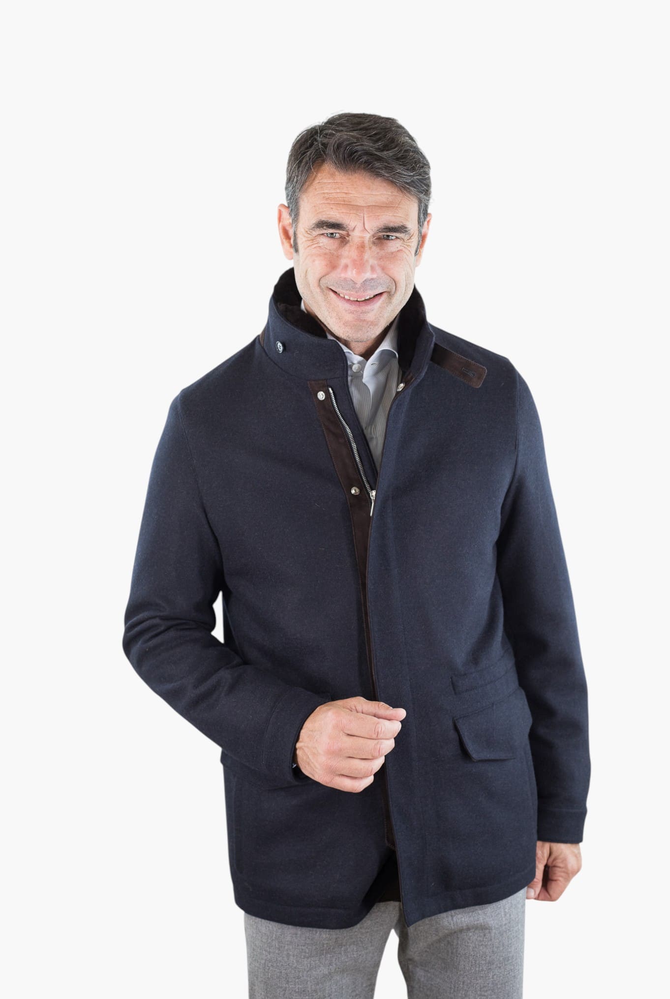 MANDELLI Giaccone Cashmere Blu Collo Visone Removibile