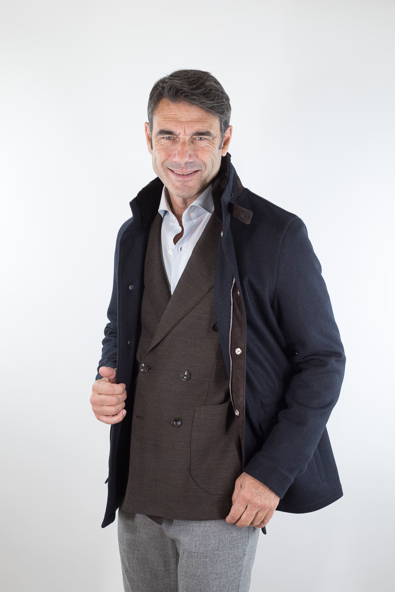 MANDELLI Giaccone Cashmere Blu Collo Visone Removibile