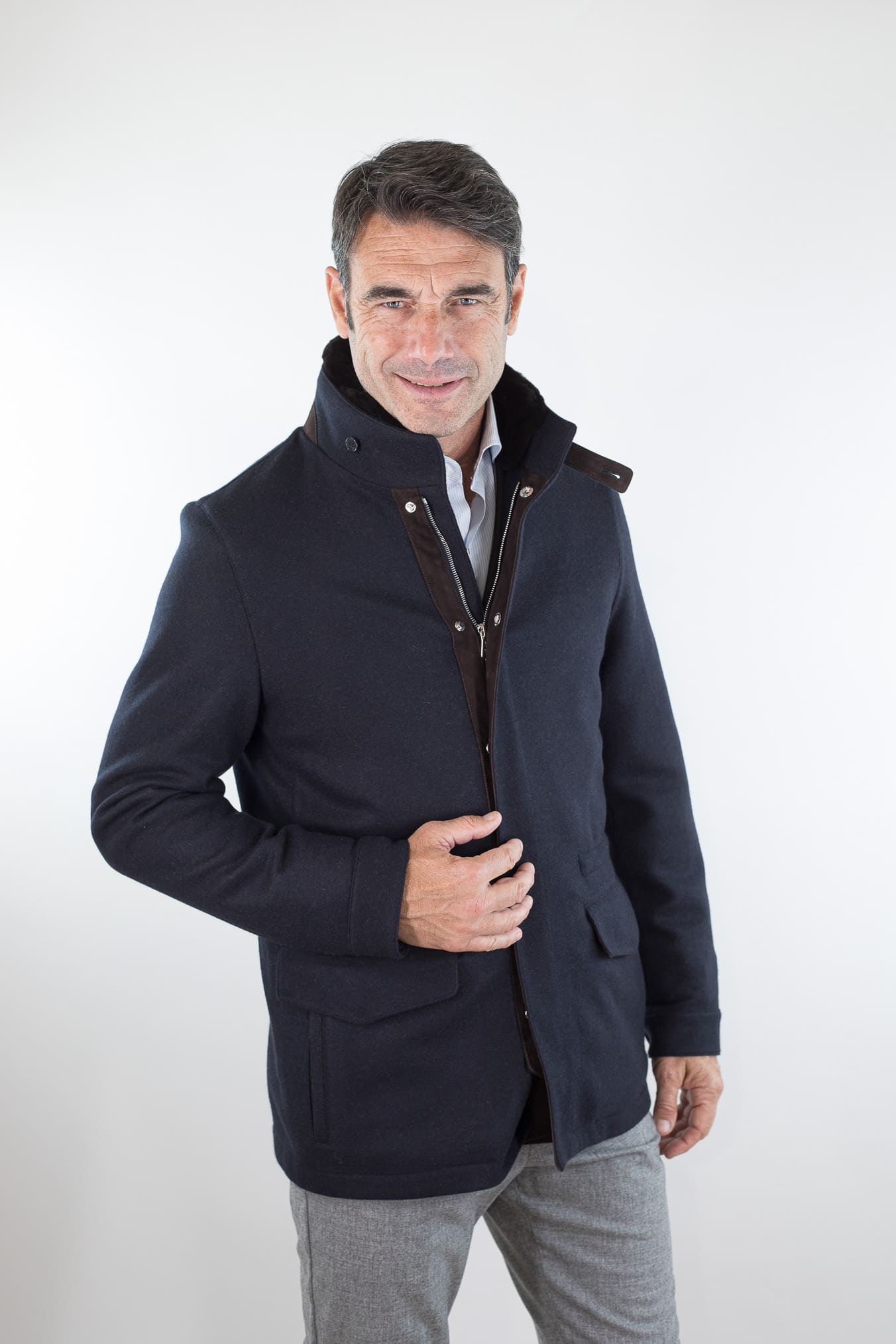 MANDELLI Giaccone Cashmere Blu Collo Visone Removibile