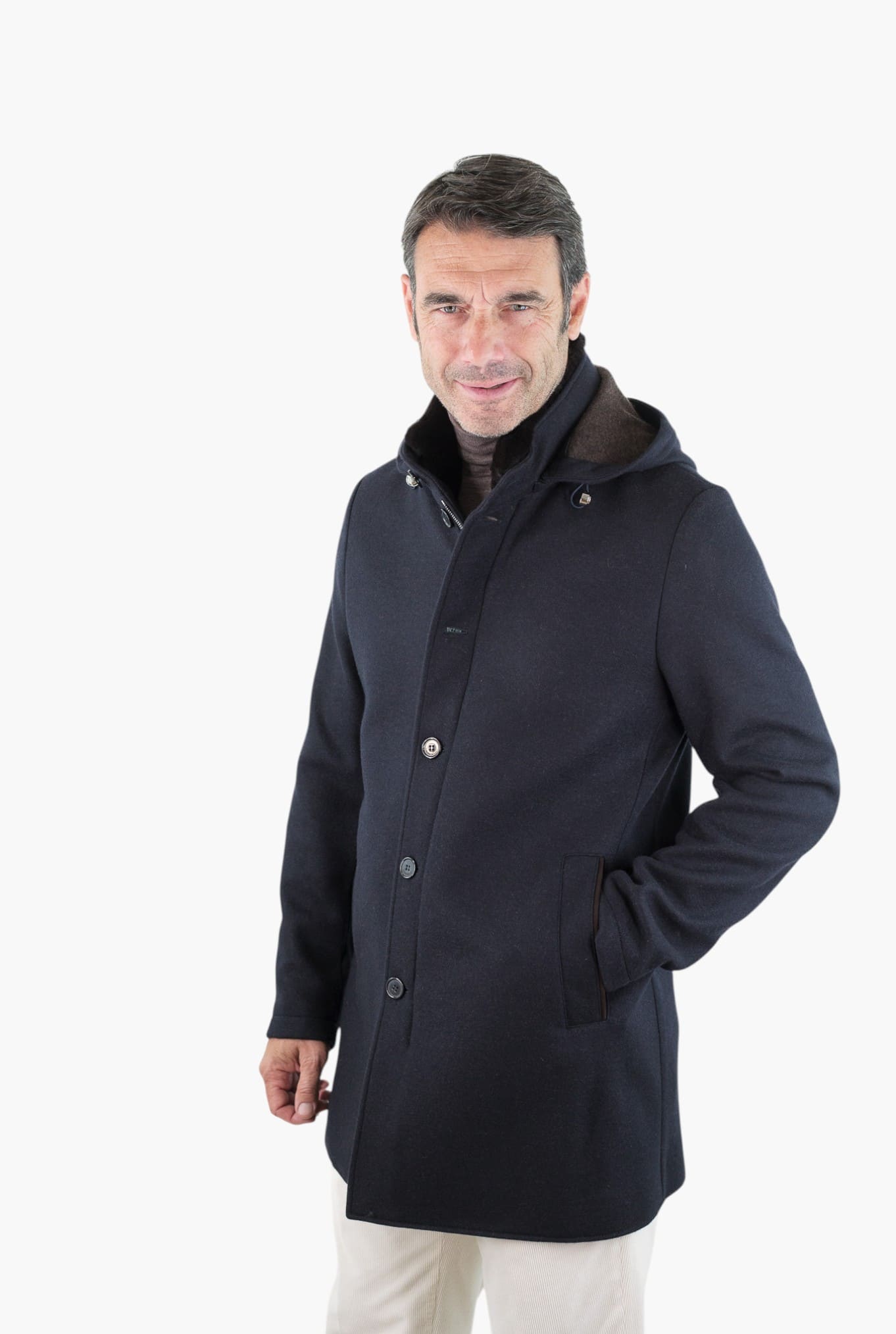 MANDELLI Cappotto Jersey Cashmere Visone Cappuccio Blu