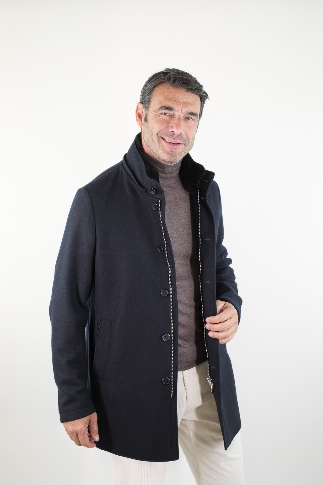 MANDELLI Cappotto Jersey Cashmere Visone Cappuccio Blu