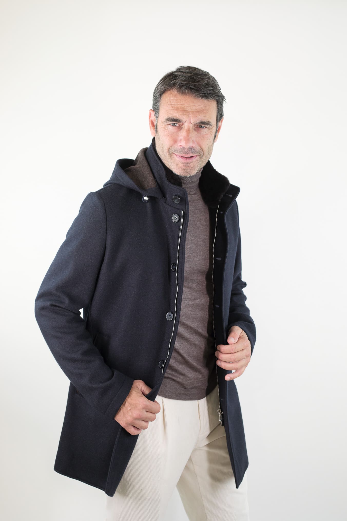 MANDELLI Cappotto Jersey Cashmere Visone Cappuccio Blu