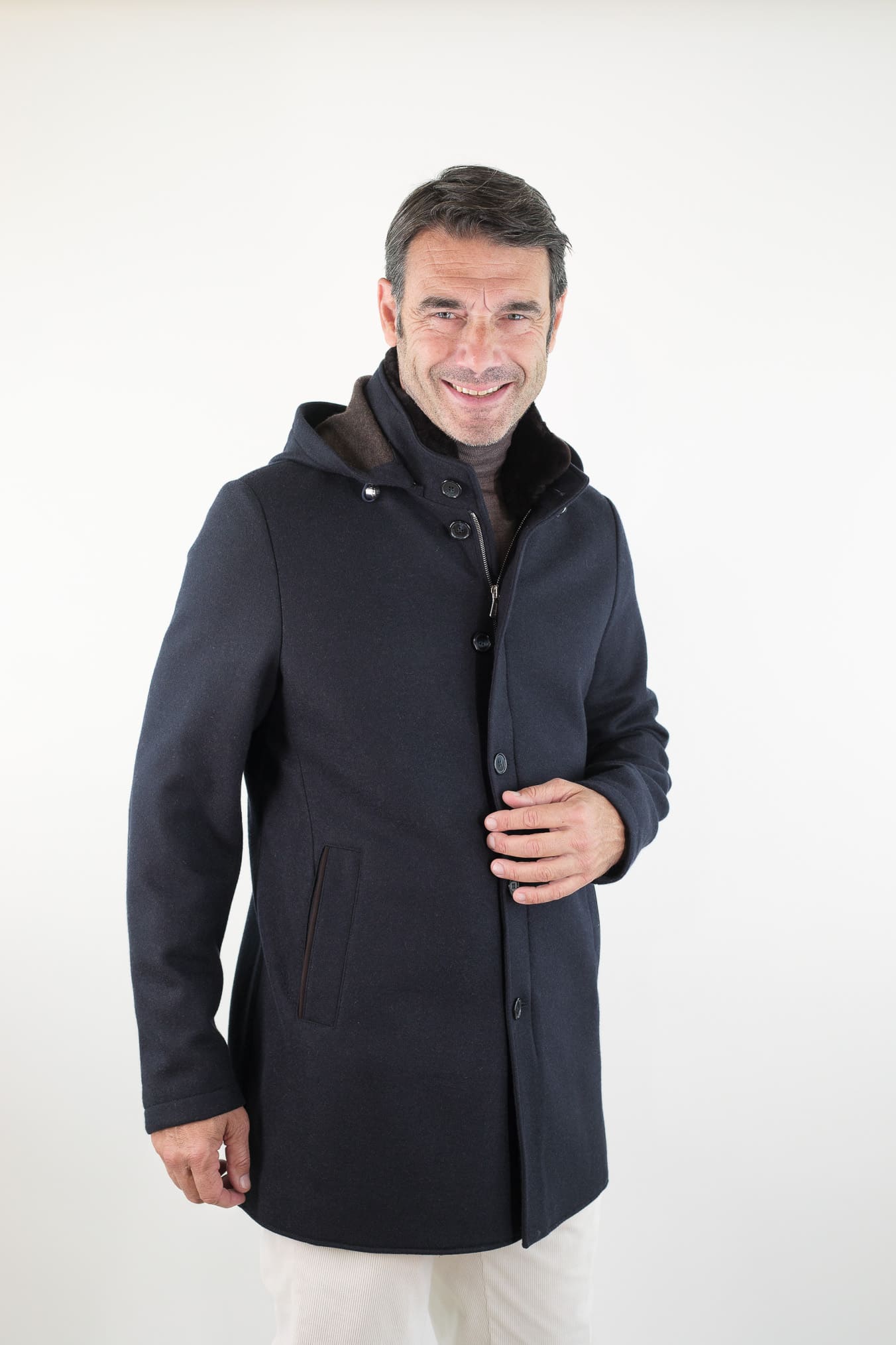 MANDELLI Cappotto Jersey Cashmere Visone Cappuccio Blu