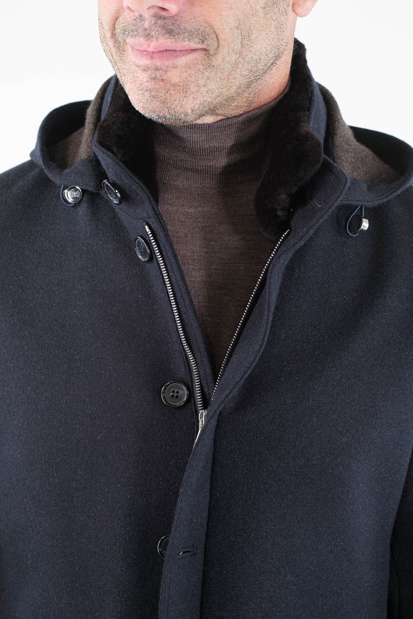 MANDELLI Cappotto Jersey Cashmere Visone Cappuccio Blu