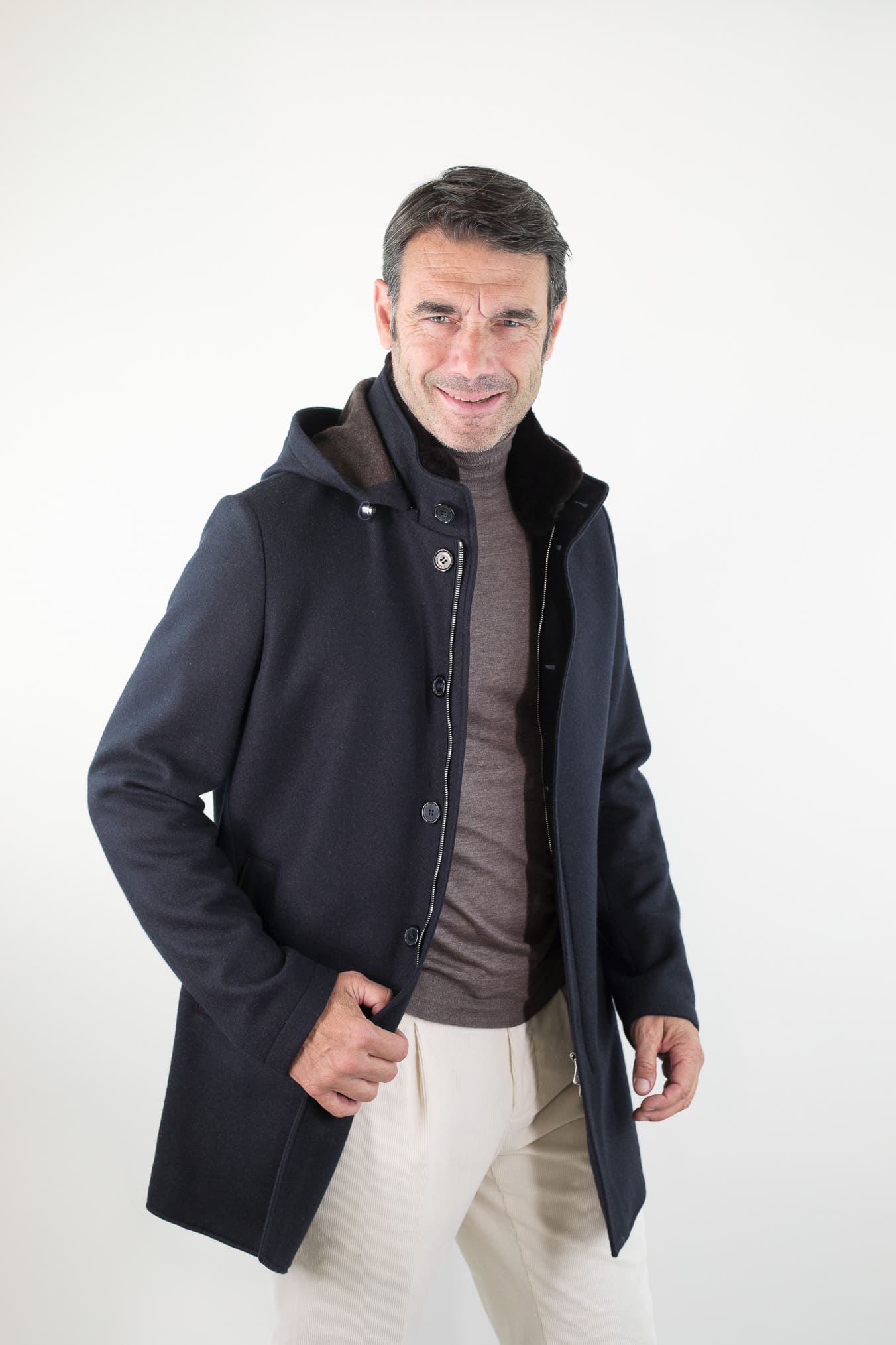 MANDELLI Cappotto Jersey Cashmere Visone Cappuccio Blu