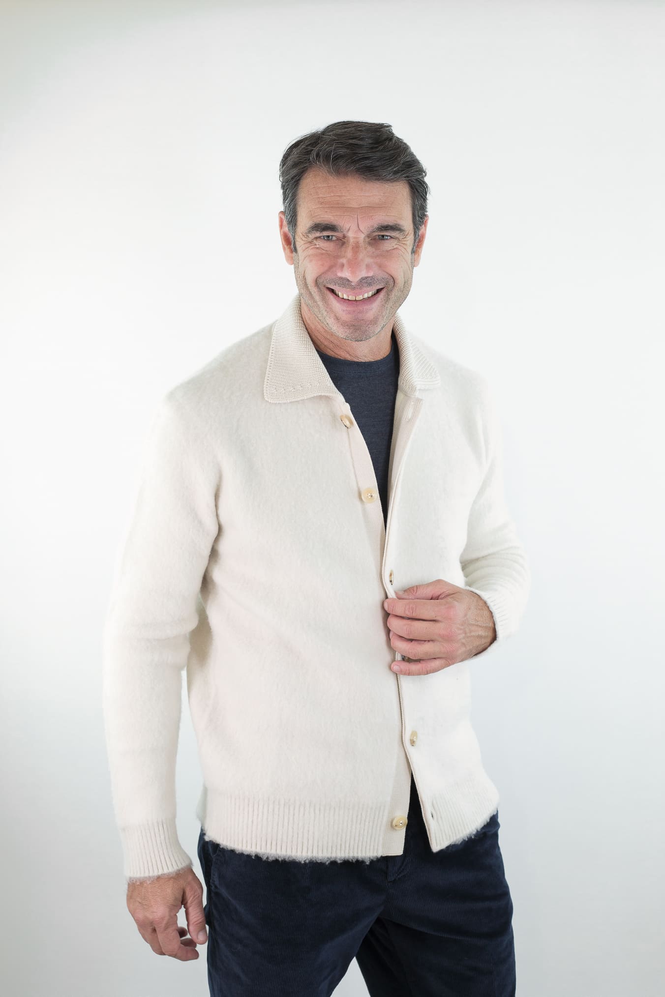 PIACENZA CASHMERE Cardigan Lana Grattata Bianco Panna