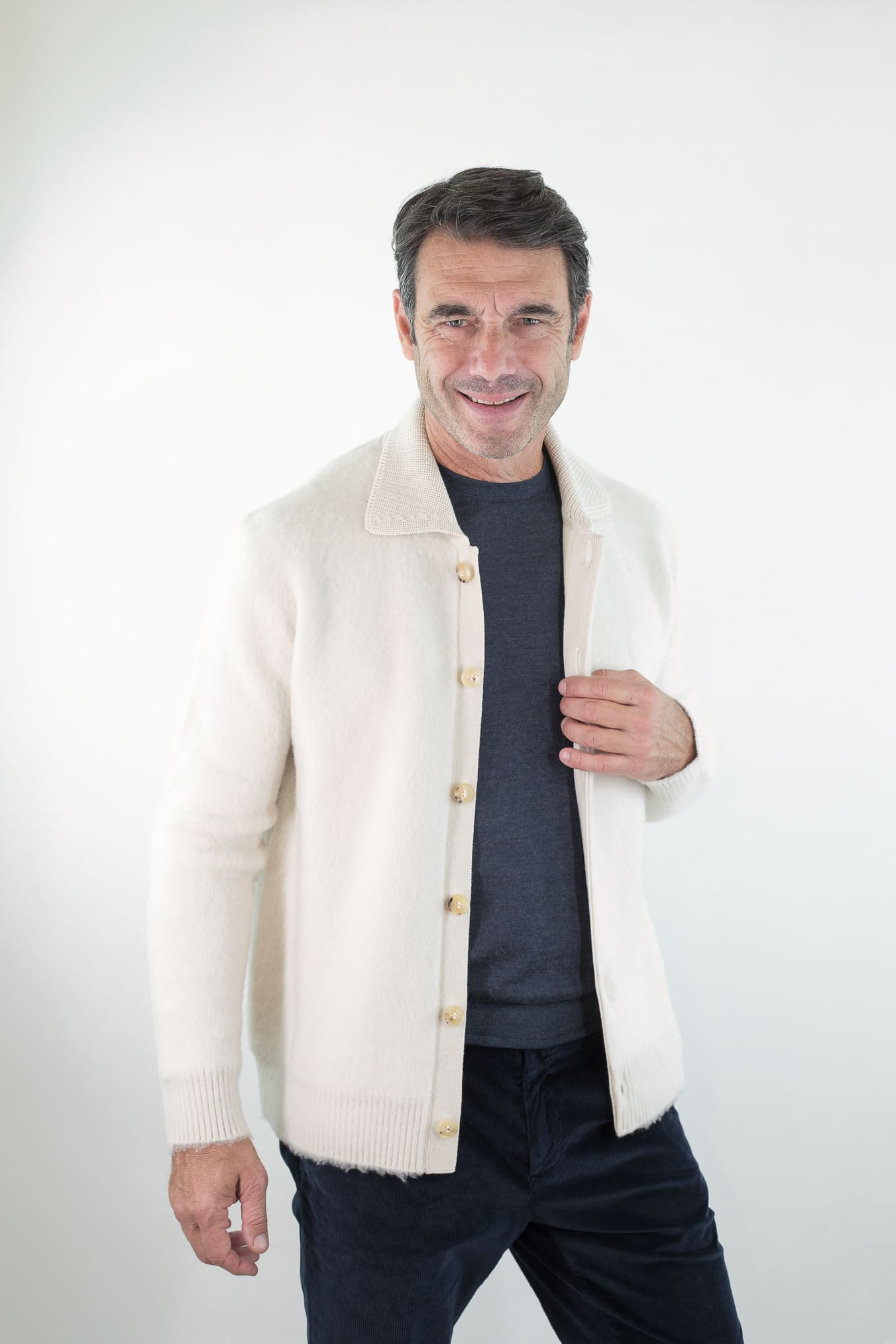 PIACENZA CASHMERE Cardigan Lana Grattata Bianco Panna