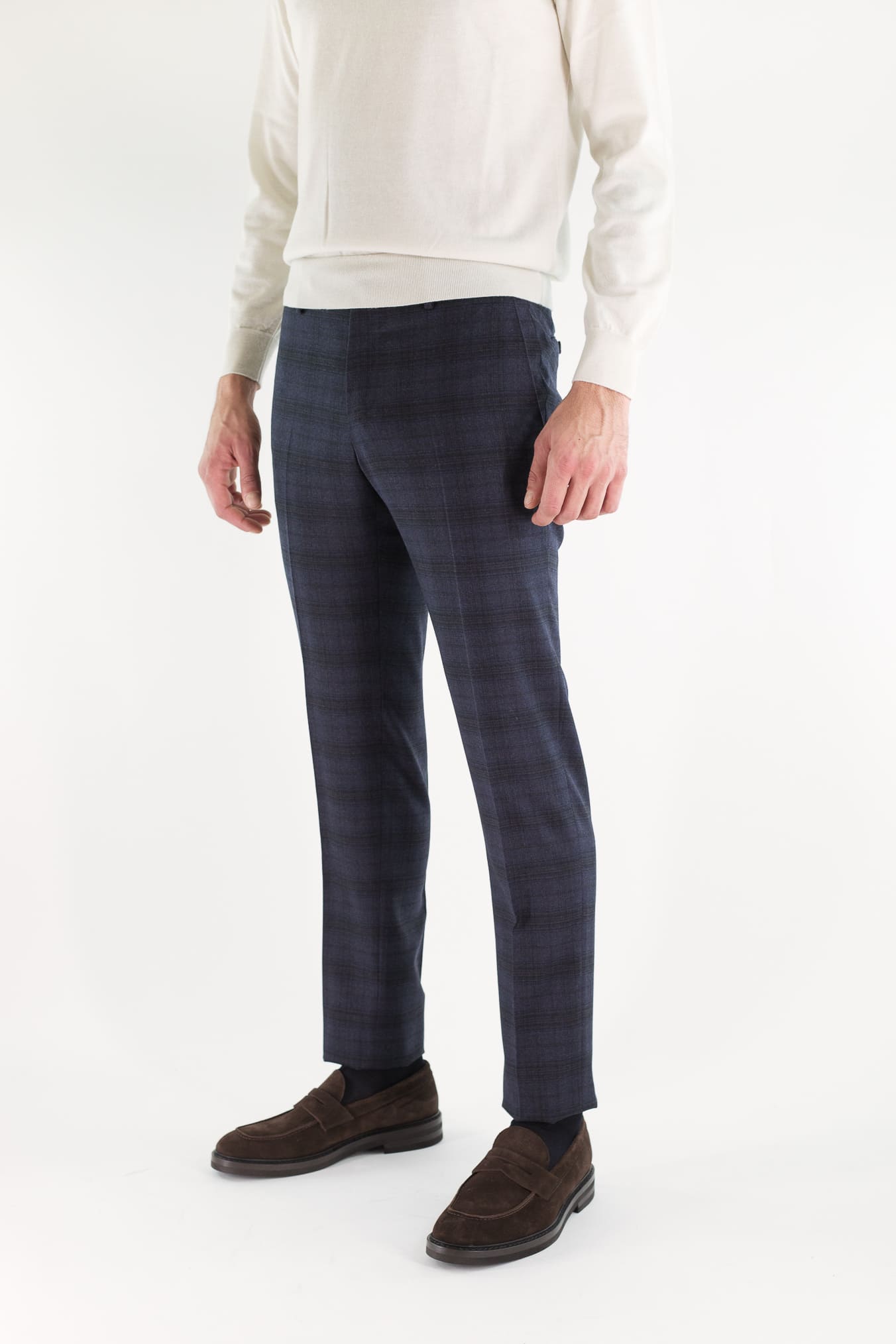 PT Pantaloni Flanella Lana Check Blu Marrone