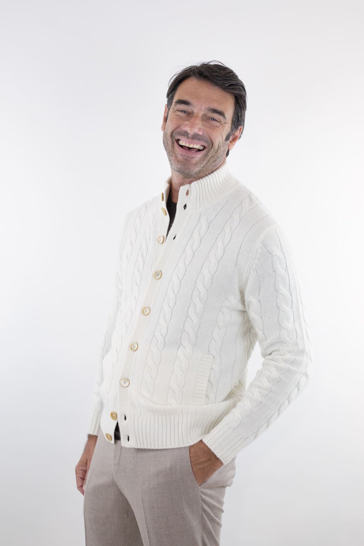 BRAMANI Cardigan a Trecce Cashmere Bianco